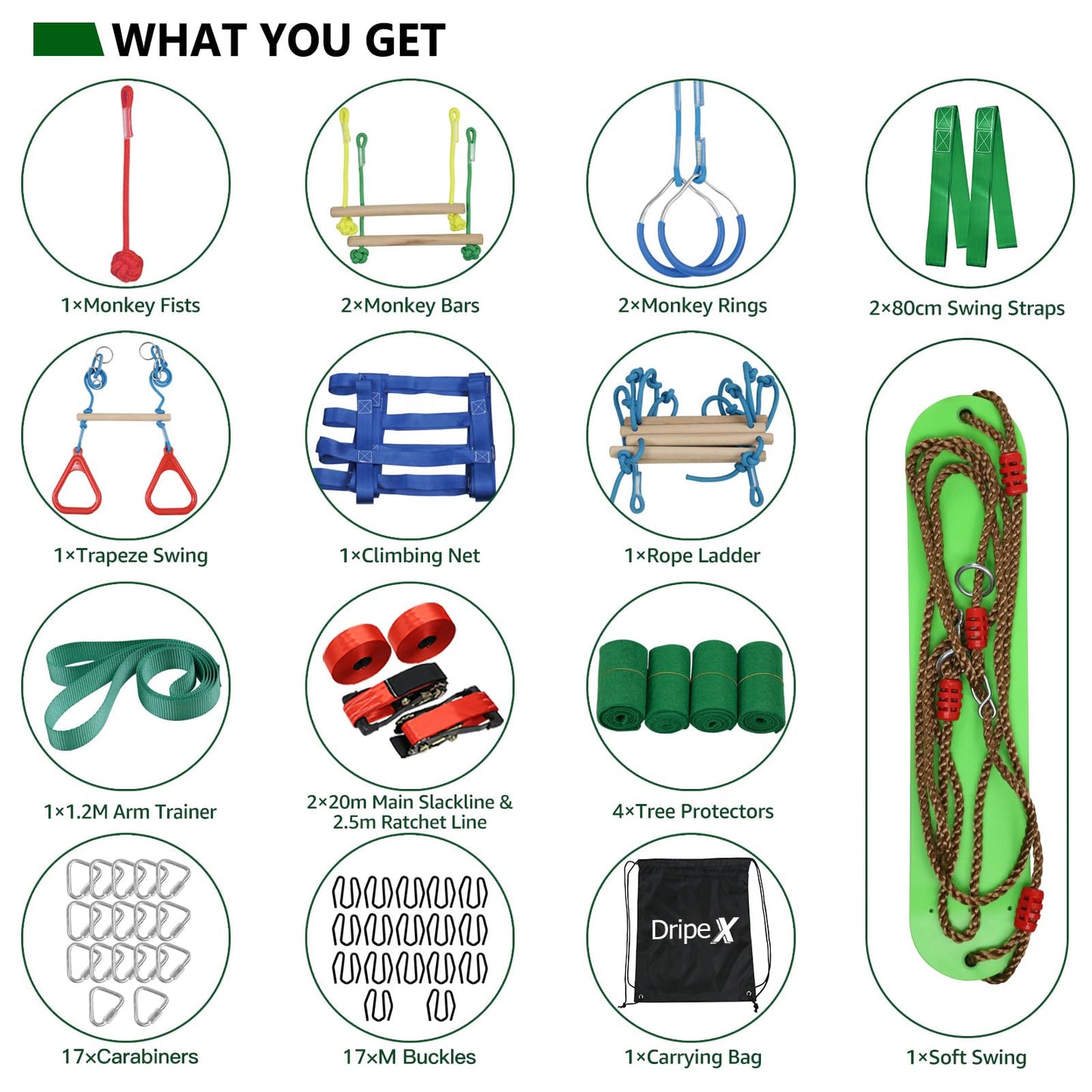 Dripex Ninja Warrior Obstacle Course for Kids Backyard – 2×65ft Slackline Kit with 10 Accessories
