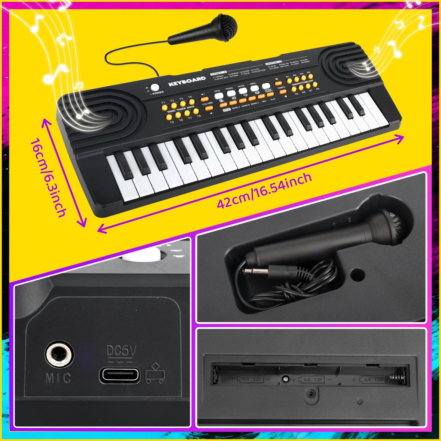 Drmukie 37-Key Piano Keyboard Toy for Kids Aged 3-5 – Black Portable Piano with Microphone