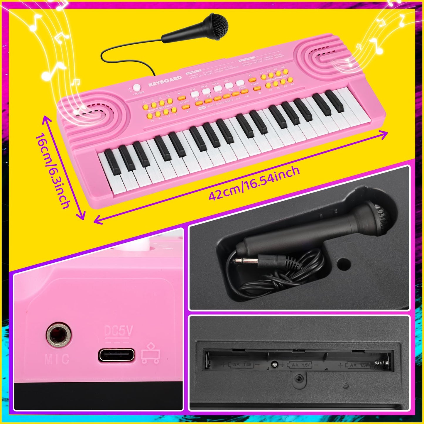 Drmukie Kids Piano Keyboard Toy - Pink 37-Key with Microphone | Great Gift for 3-7 Year Olds