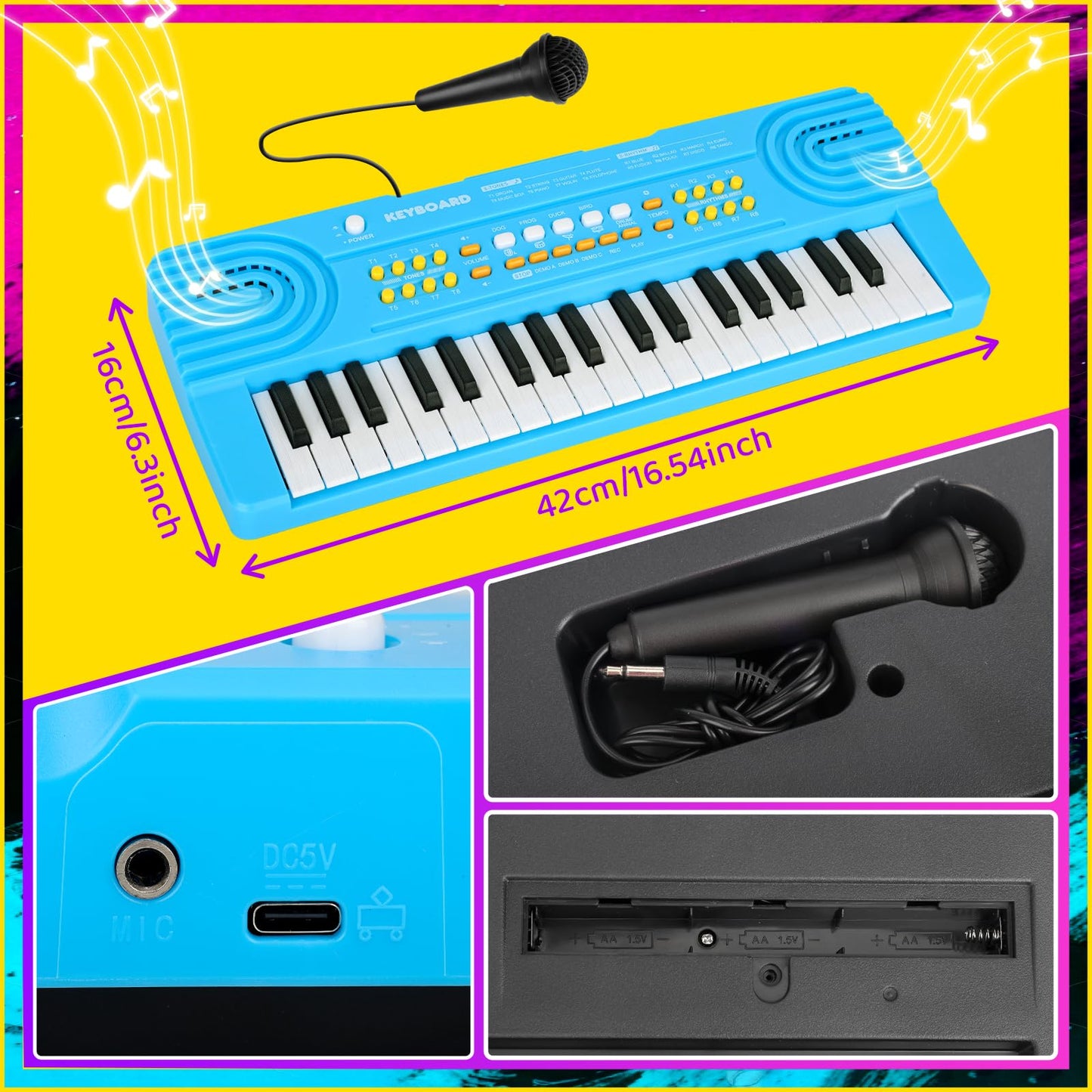 Drmukie Kids 37-Key Piano Keyboard Toy with Microphone – Blue (Ages 3-7)