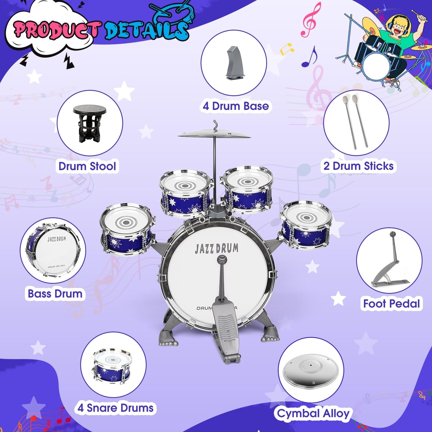 Drmukie Upgraded Drum Set for Toddlers – Jazz Kit with Stool for 3-5 Year Olds