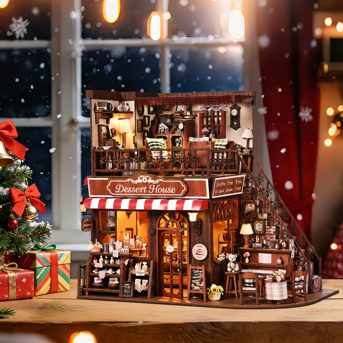 DROICC DIY Miniature House Kit - Two-Story Vintage Dessert Cafe with LED Lights