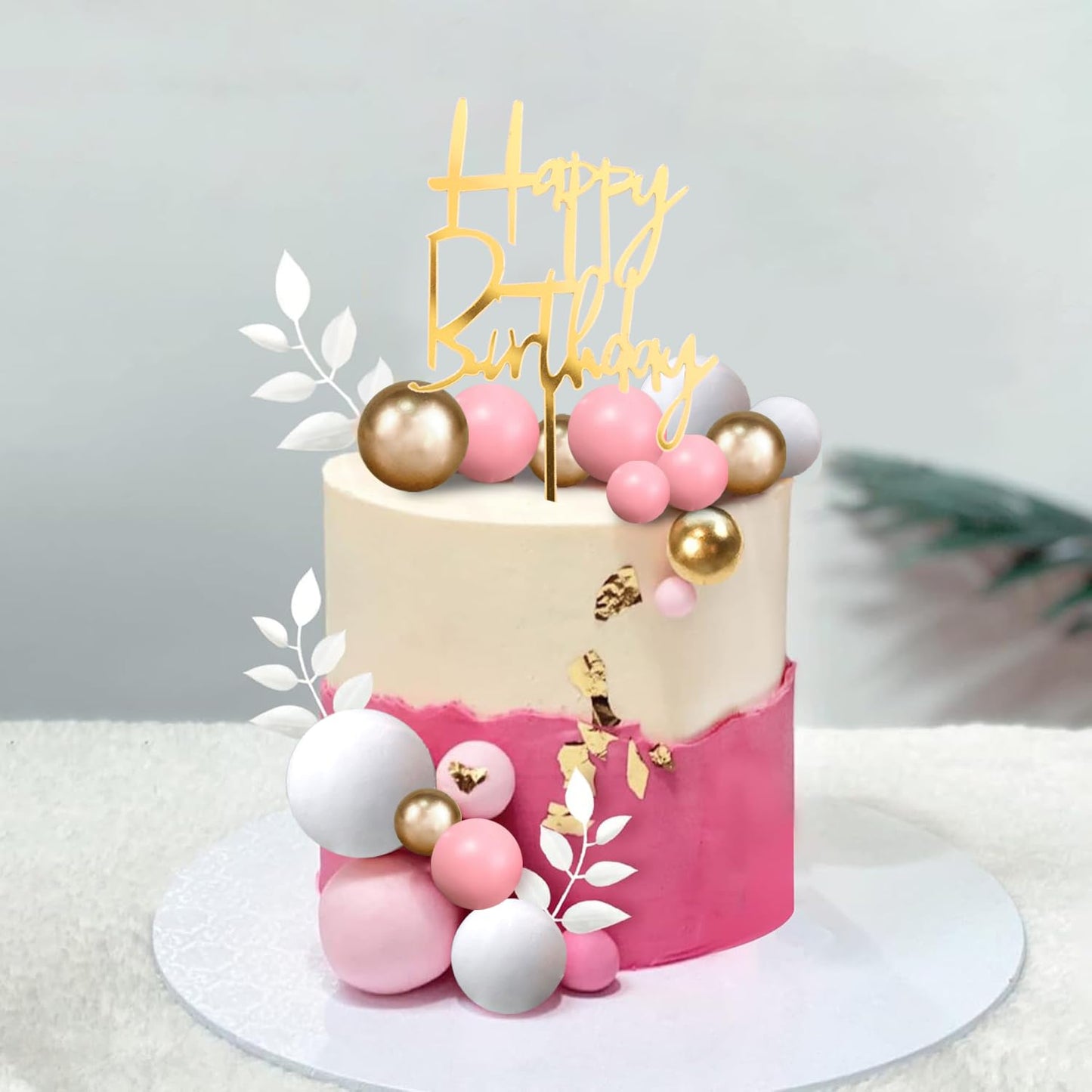 DRWATE Pink Balls Cake Topper – Boho Grass Topper with Pink White Gold Balls for Weddings & Birthdays