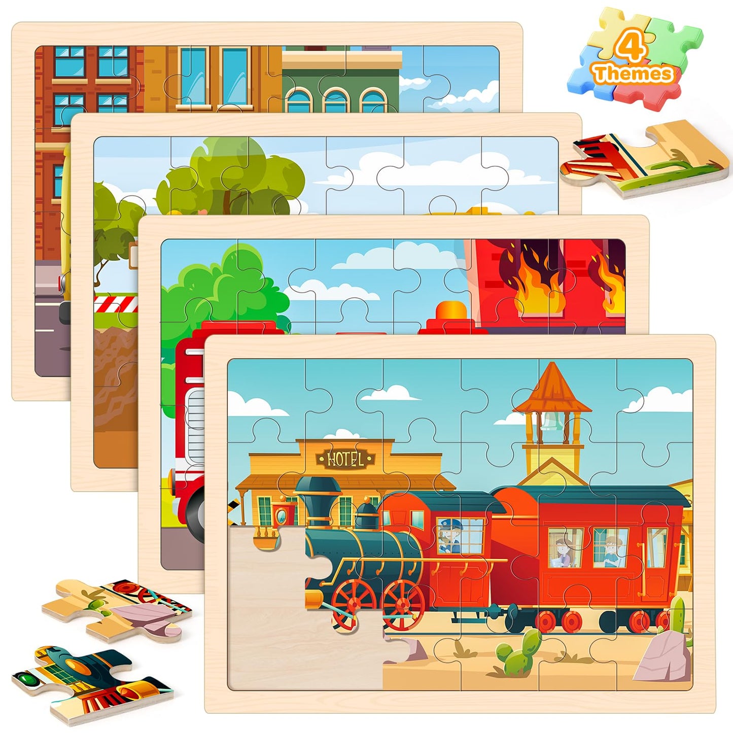 Duchong Wooden Jigsaw Puzzles for Kids 4-6 — 4 Pack, 24 Pcs, Vehicle Theme