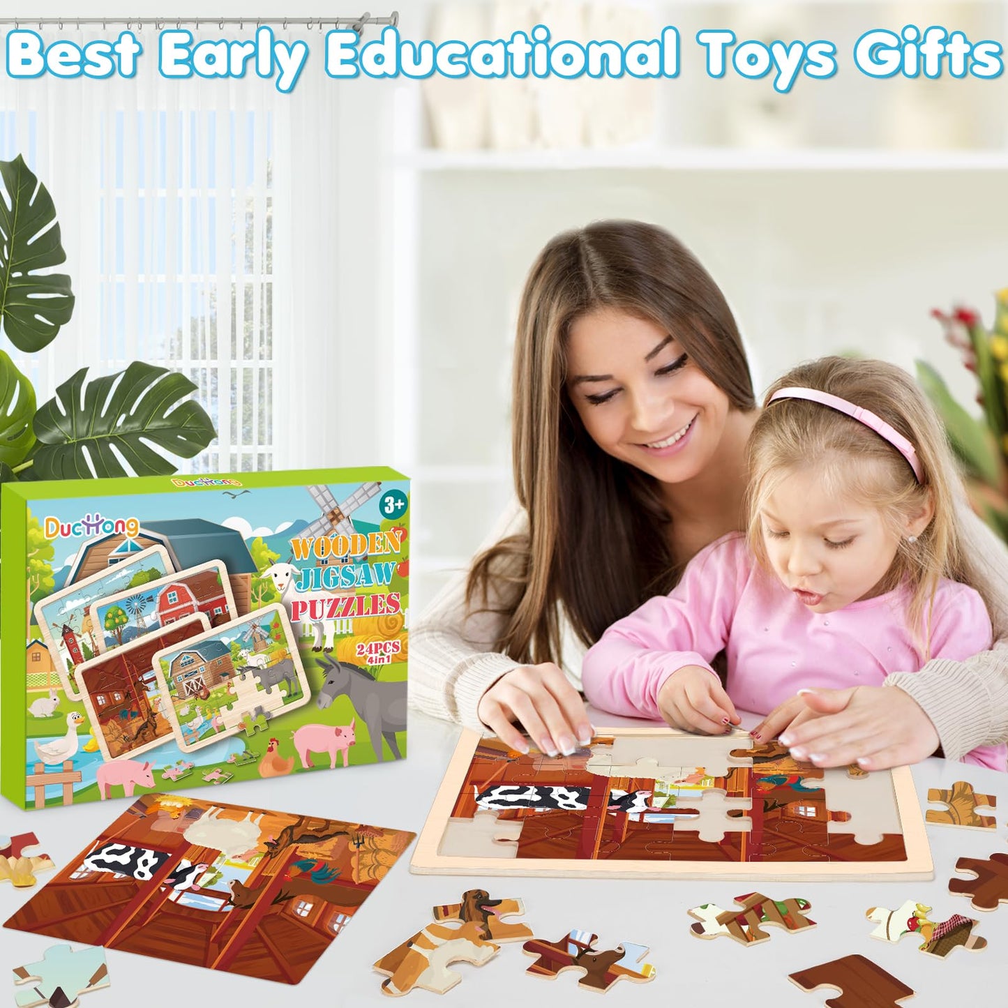 Duchong 4-in-1 Farm Wooden Puzzles for Kids | 24-Piece Jigsaw Set