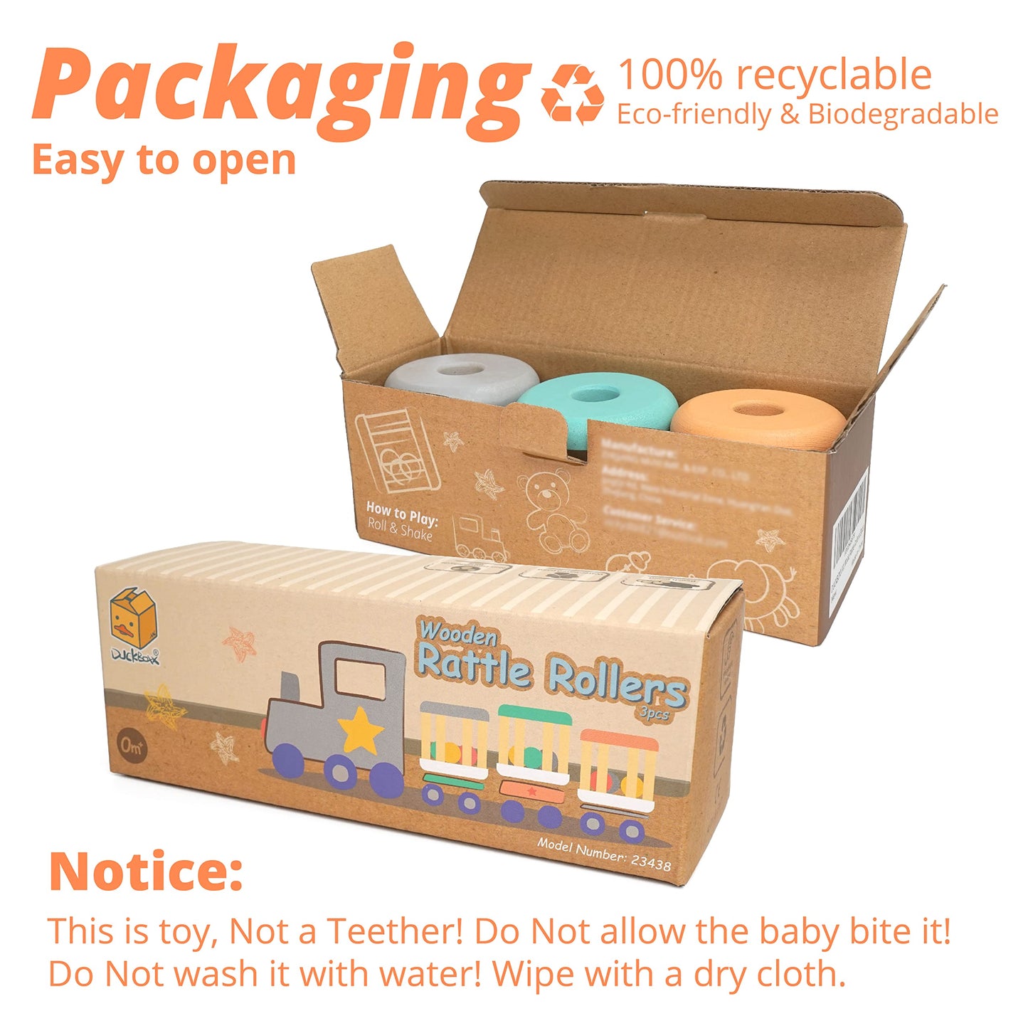 DUCKBOXX XX Montessori Infant Wooden Rattle Rollers – 3-Pack, Natural Beech Wood, 0m+
