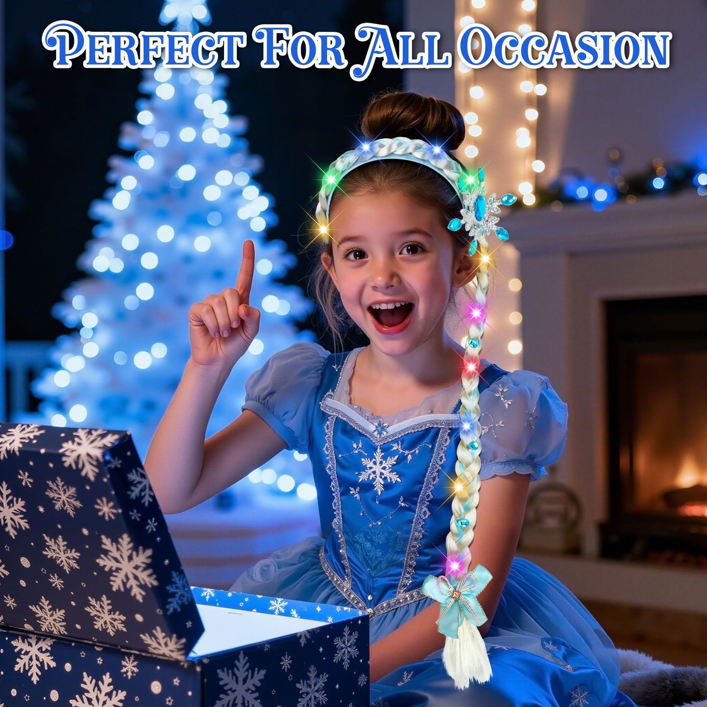 DUDUCOFU 2 Pcs Light Up Princess Braided Wigs with Tiara Flowers – LED Wig Headbands for Girls