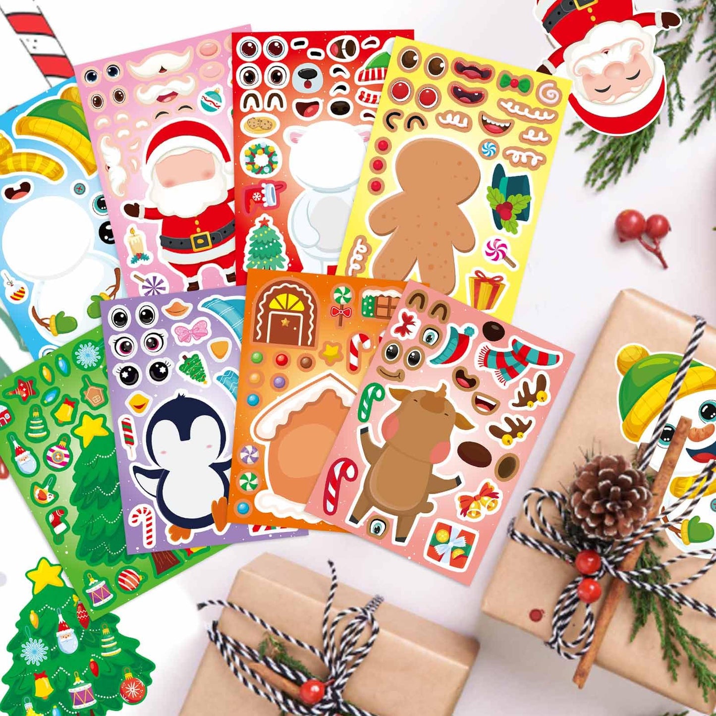 DUJAA 32 Sheets Christmas Stickers for Kids – DIY Santa, Snowman & Friends