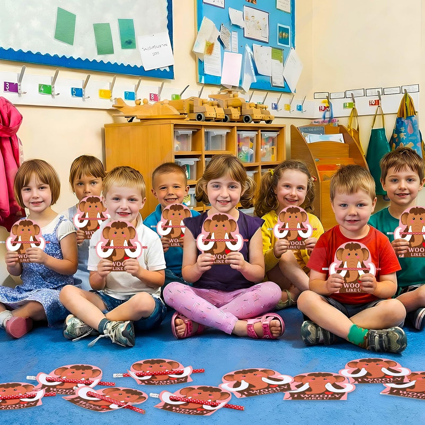 Dunzoom 36-Piece Wooly Mammoth Valentine Cards & Pencils – Classroom Gifts & Party Favors