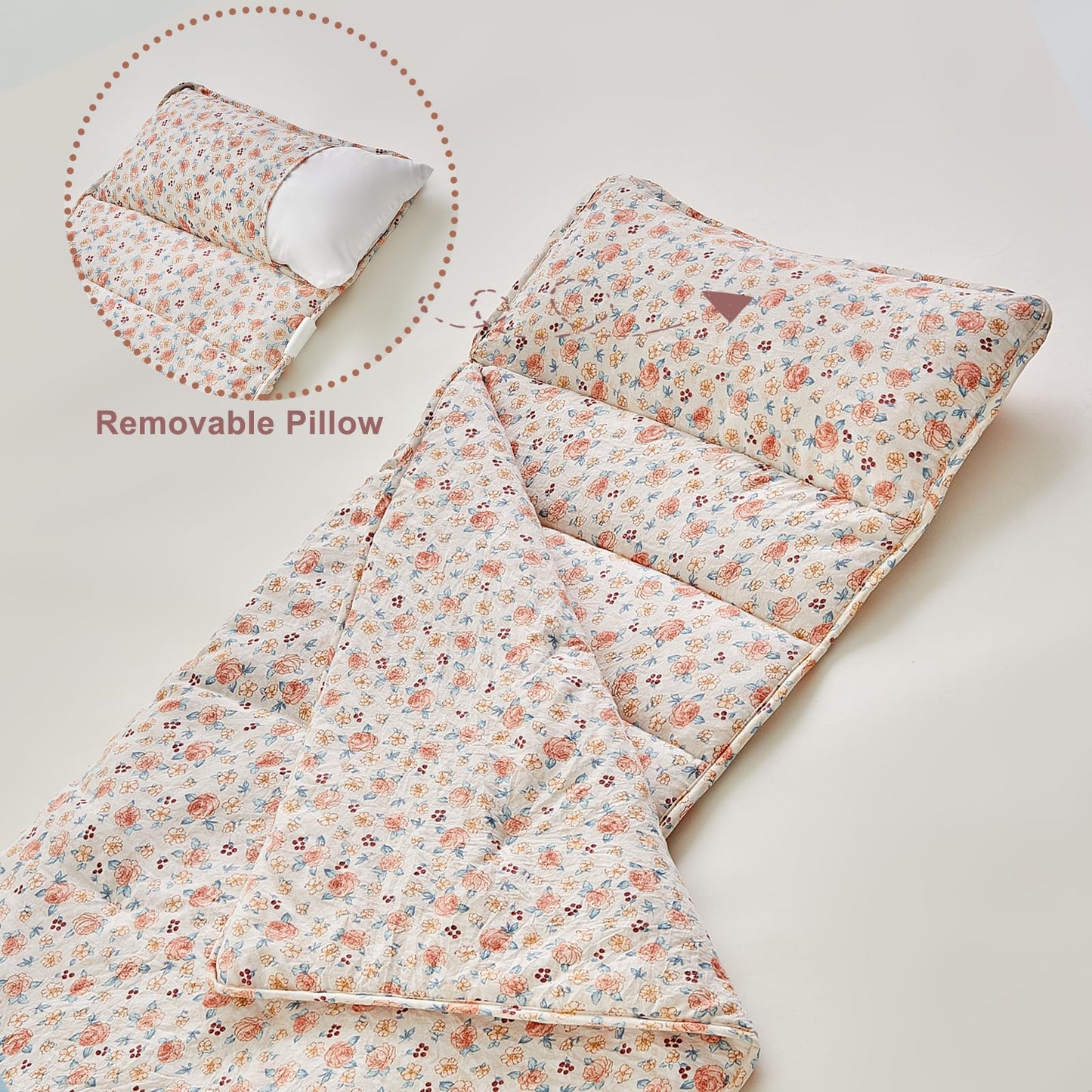 DuShow Toddler Nap Mat with Pillow & Blanket – Pink Floral, Roll-Up Design (Ages 3–6)