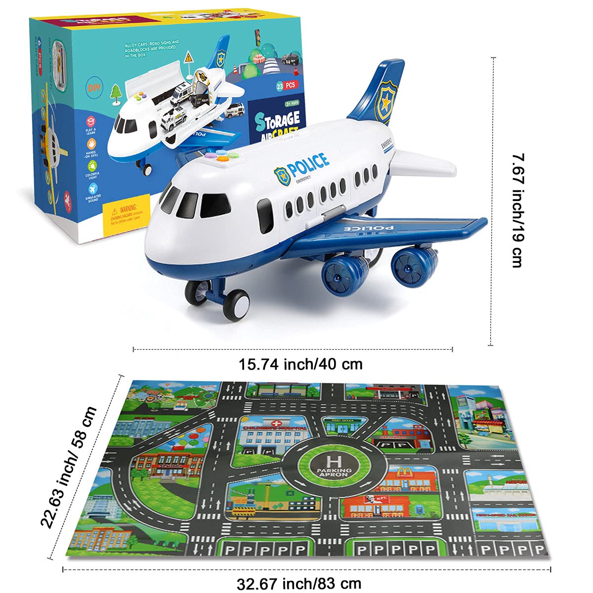 Dwi Dowellin 20-in-1 Toddler Car Toy Set: Police Cars, Carrier Plane & Play Mat