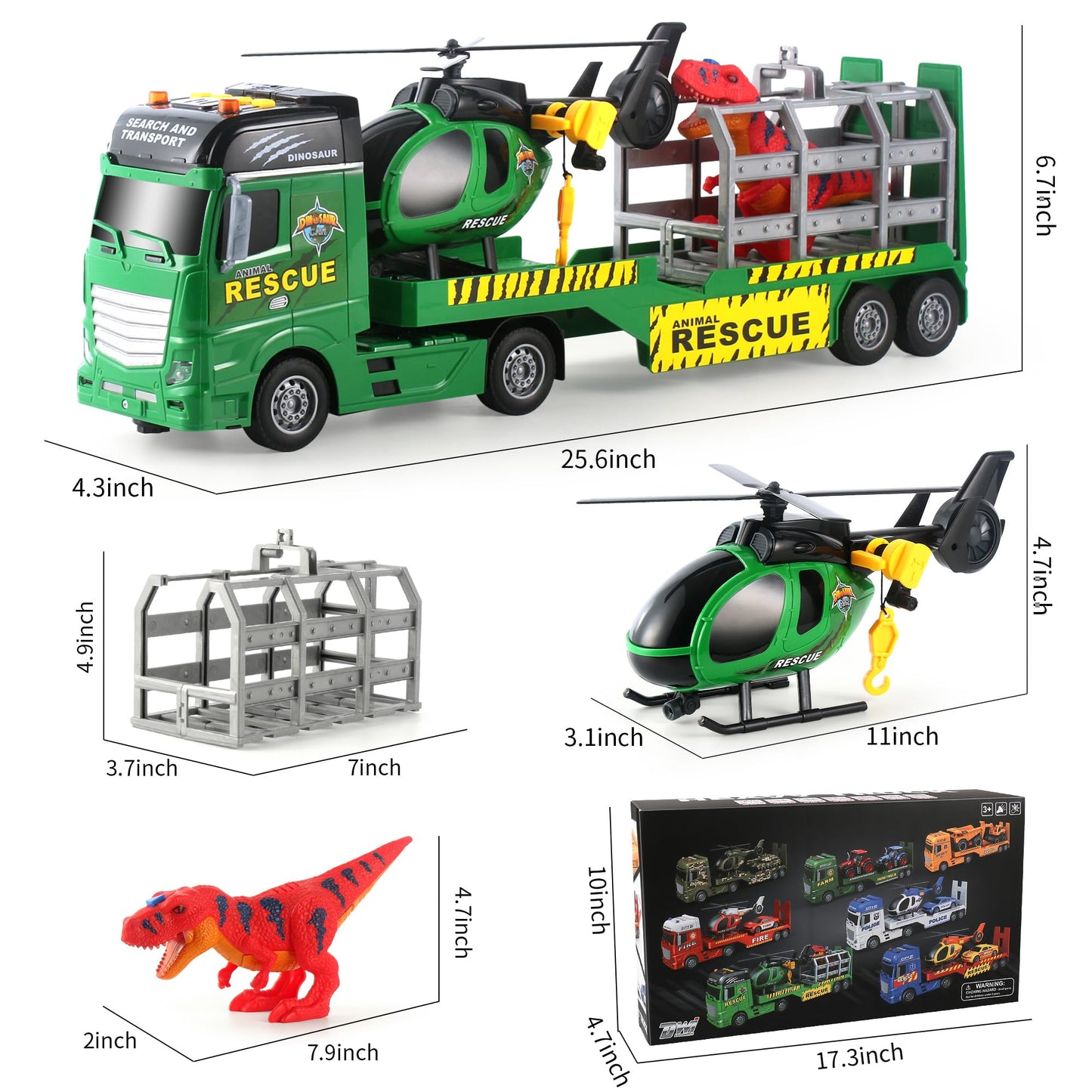 Dwi Dowellin Carrier Truck Toy – 25.6 Inch Semi Truck with Helicopter & Dinosaurs for Ages 3-6+
