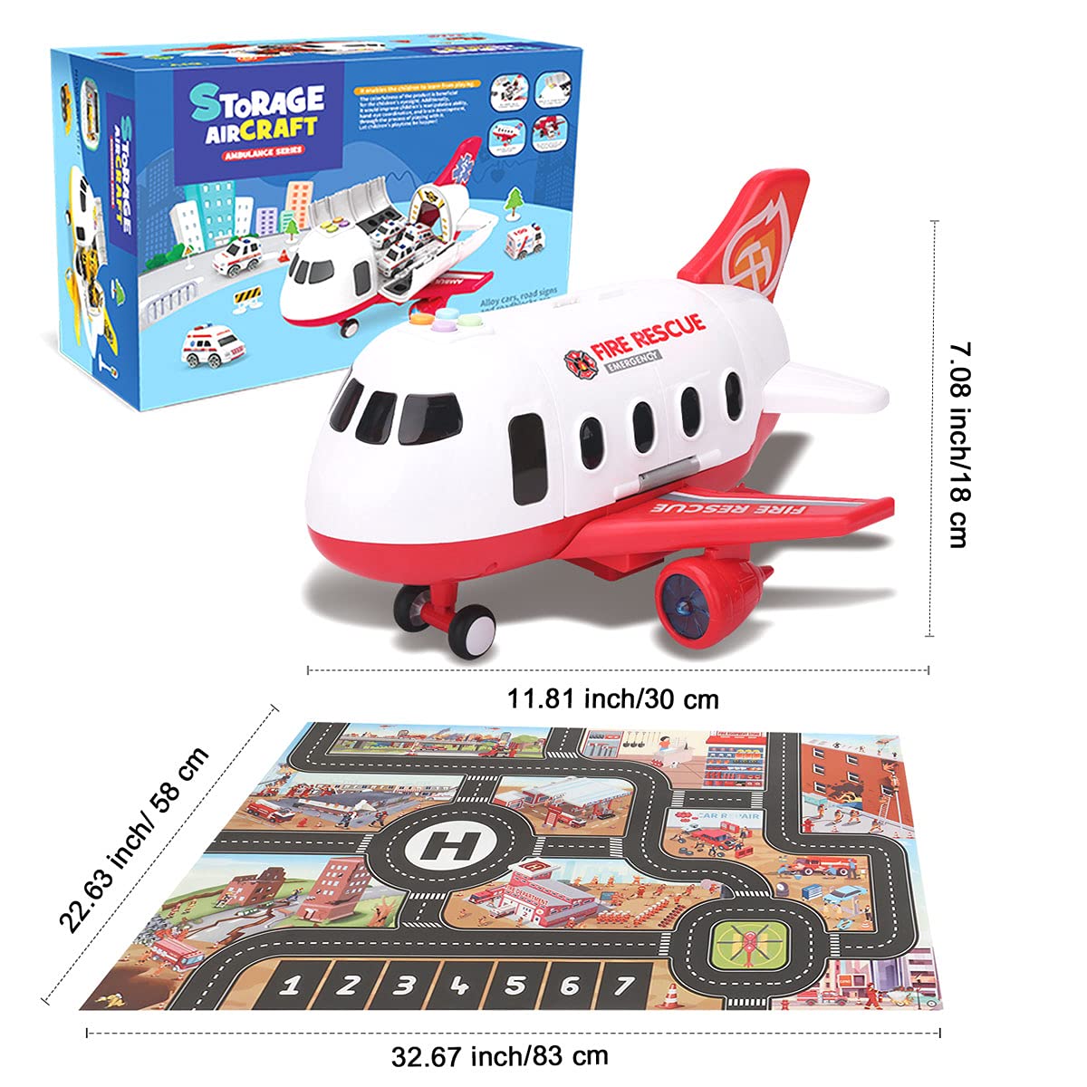 Dwi Dowellin Airplane Toys with Fire Trucks – Light Up Plane, Sounds & Play Mat (Ages 3–6)