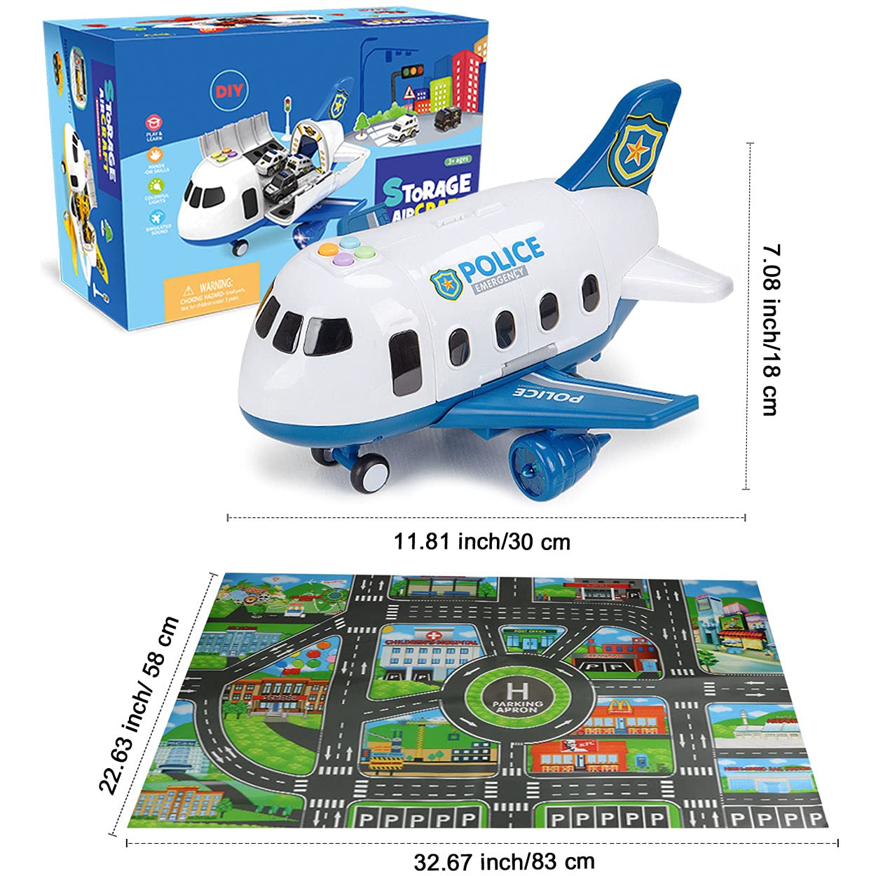 Dwi Dowellin 5-in-1 Airplane Toys with Light & Sound | Police Car Toys & Activity Mat for Kids 3-6