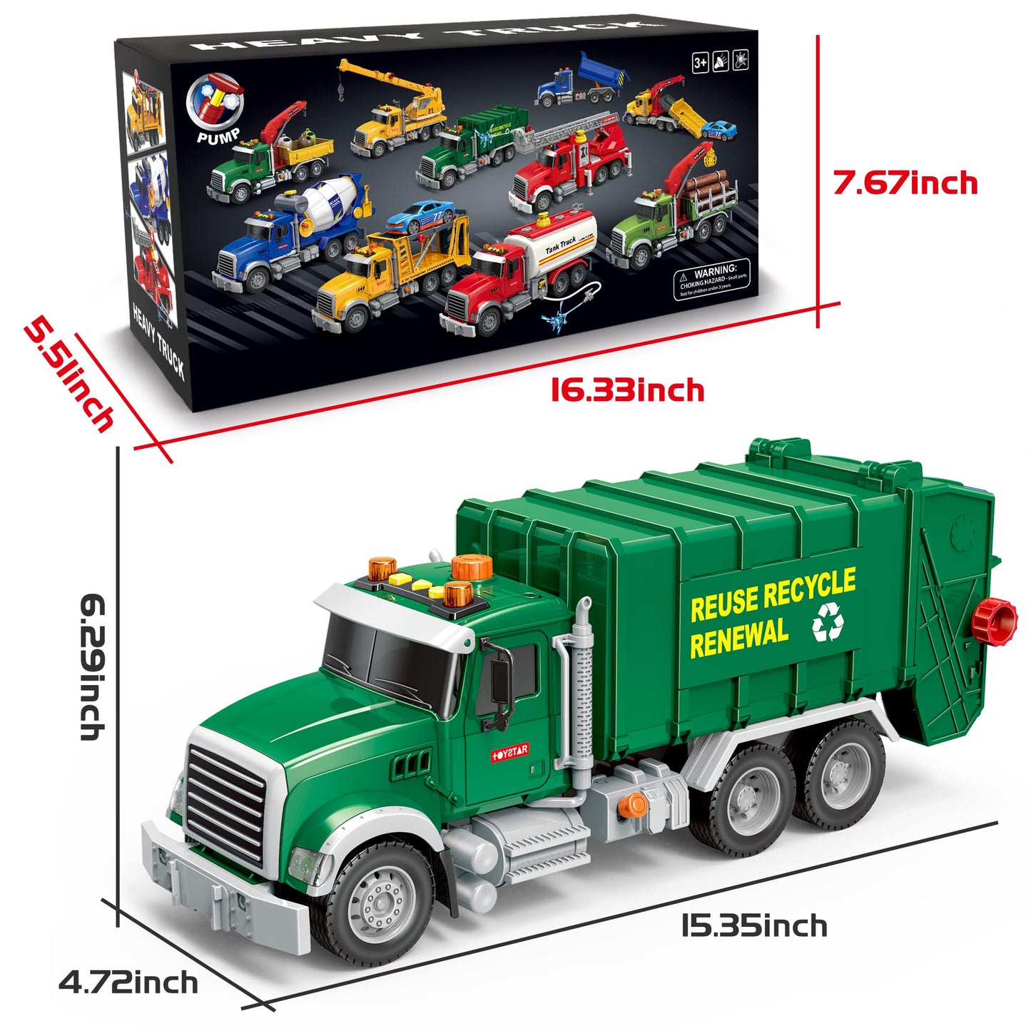 Dwi Dowellin 15-inch Friction Garbage Truck Toy – Lights & Sounds, 3 Rear Loaders, Gift for Ages 3+