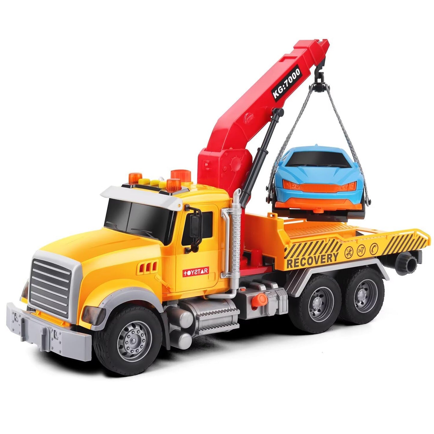 Dwi Dowellin 15-Inch Friction-Powered Tow Truck Toy with Roadster – Lights & Sounds for Kids 3-7