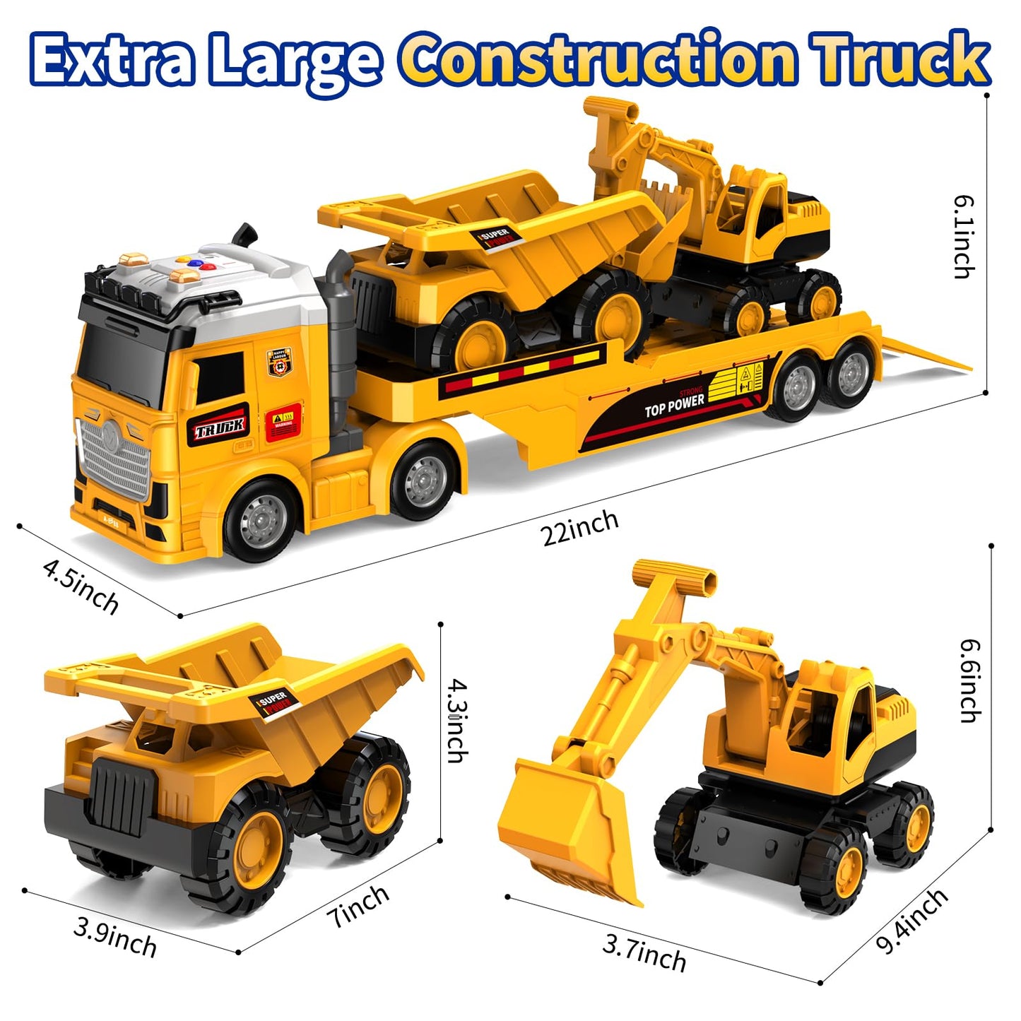 DWIRCTOYS 25-Inch Toddler Construction Truck Set – Friction Powered with Lights & Sounds