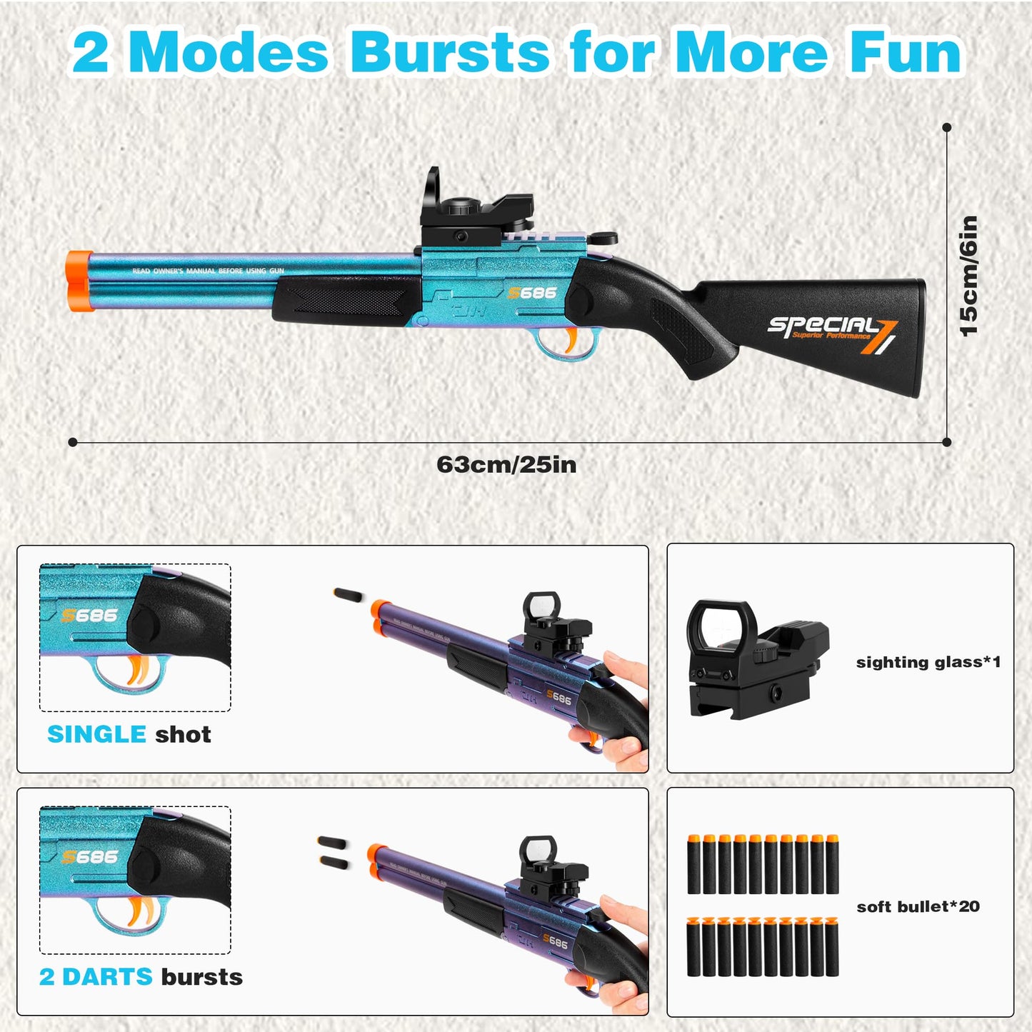 DWMTGS Toy Gun Double Barrel Shotgun – 20 Soft Darts, Foam Blaster with Scope (Blue)