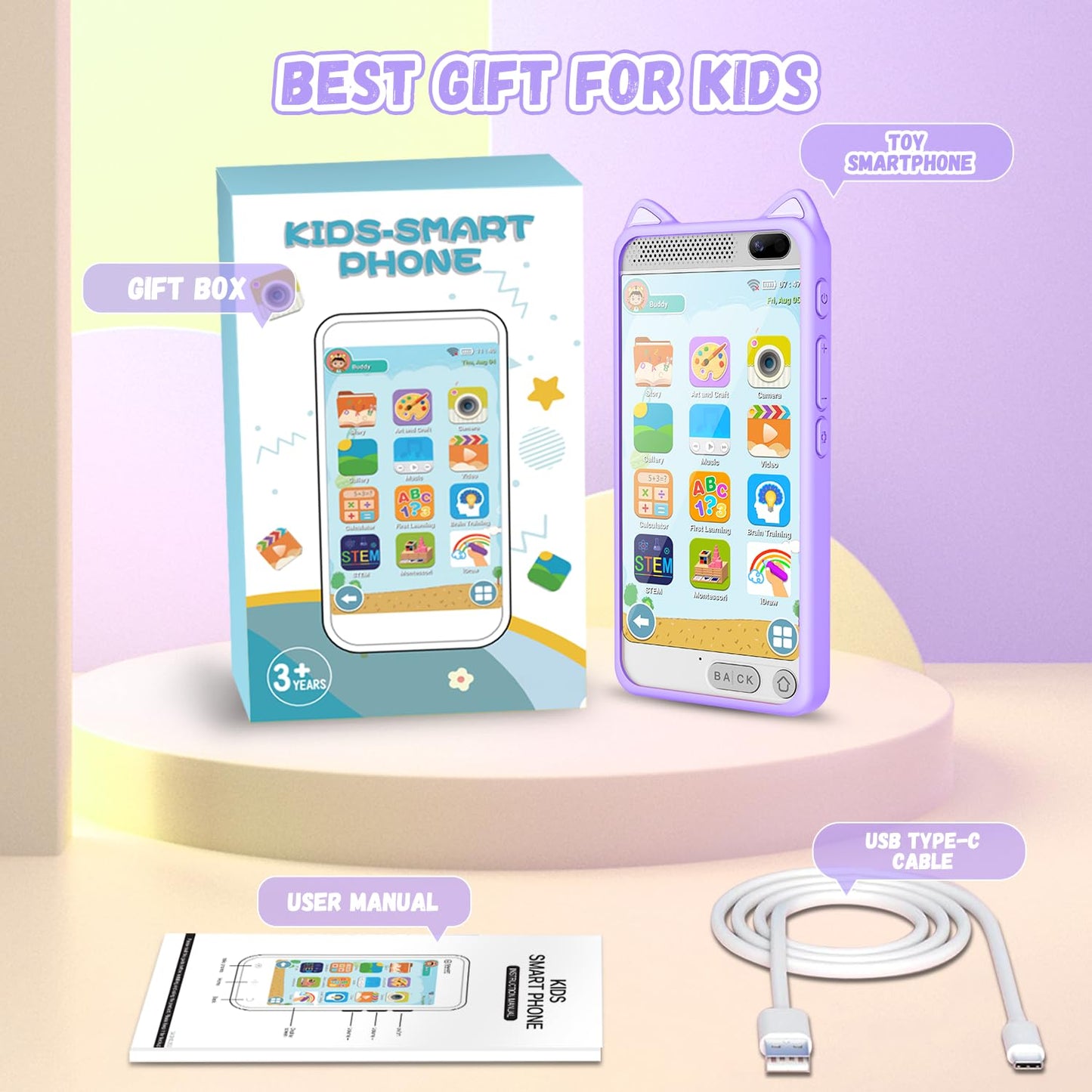 E Teacher Kids Toy Smartphone – 3.97-inch Touchscreen, Dual Camera, 2000mAh Battery, 200+ Games (Purple)
