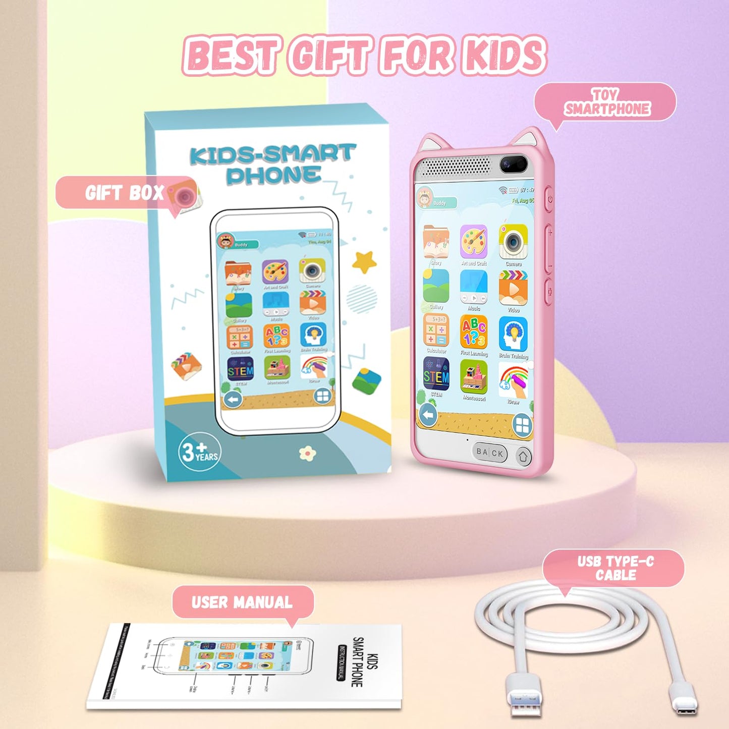 E teacher Kids Smart Phone for Girls – 3.97-inch Touchscreen Toy with Dual Camera, 8GB, Pink