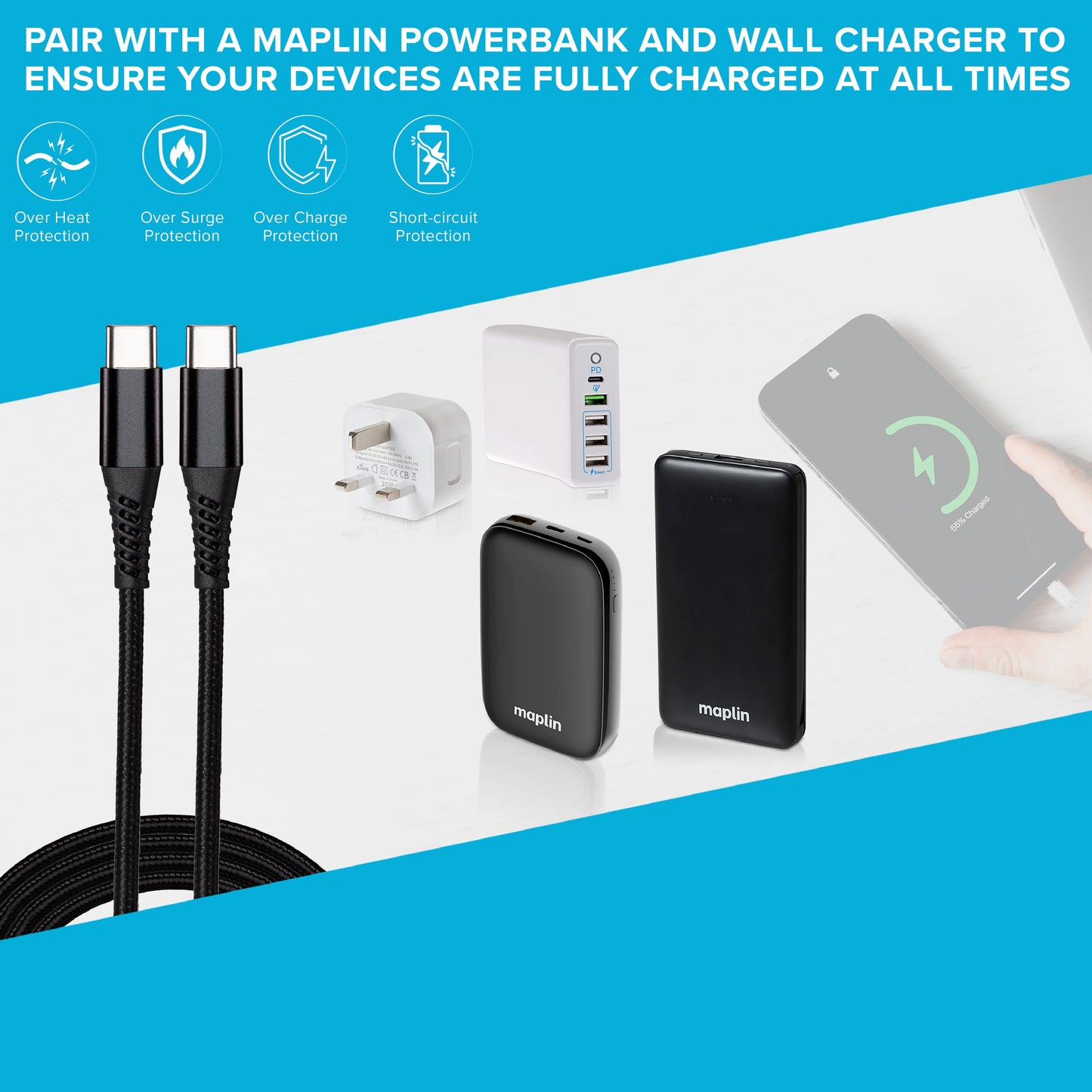 Maplin USB-C to USB-C 60W PD Braided Cable - Black