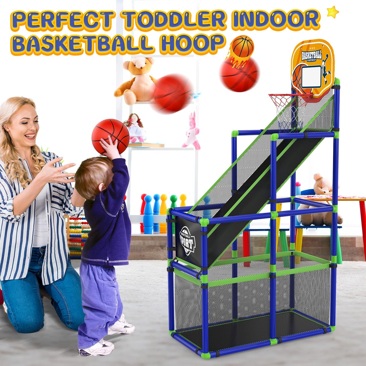 EagleStone Arcade Basketball Hoop Game Indoor — Adjustable Height, 4-Ball Storage, for Kids Aged 3-8