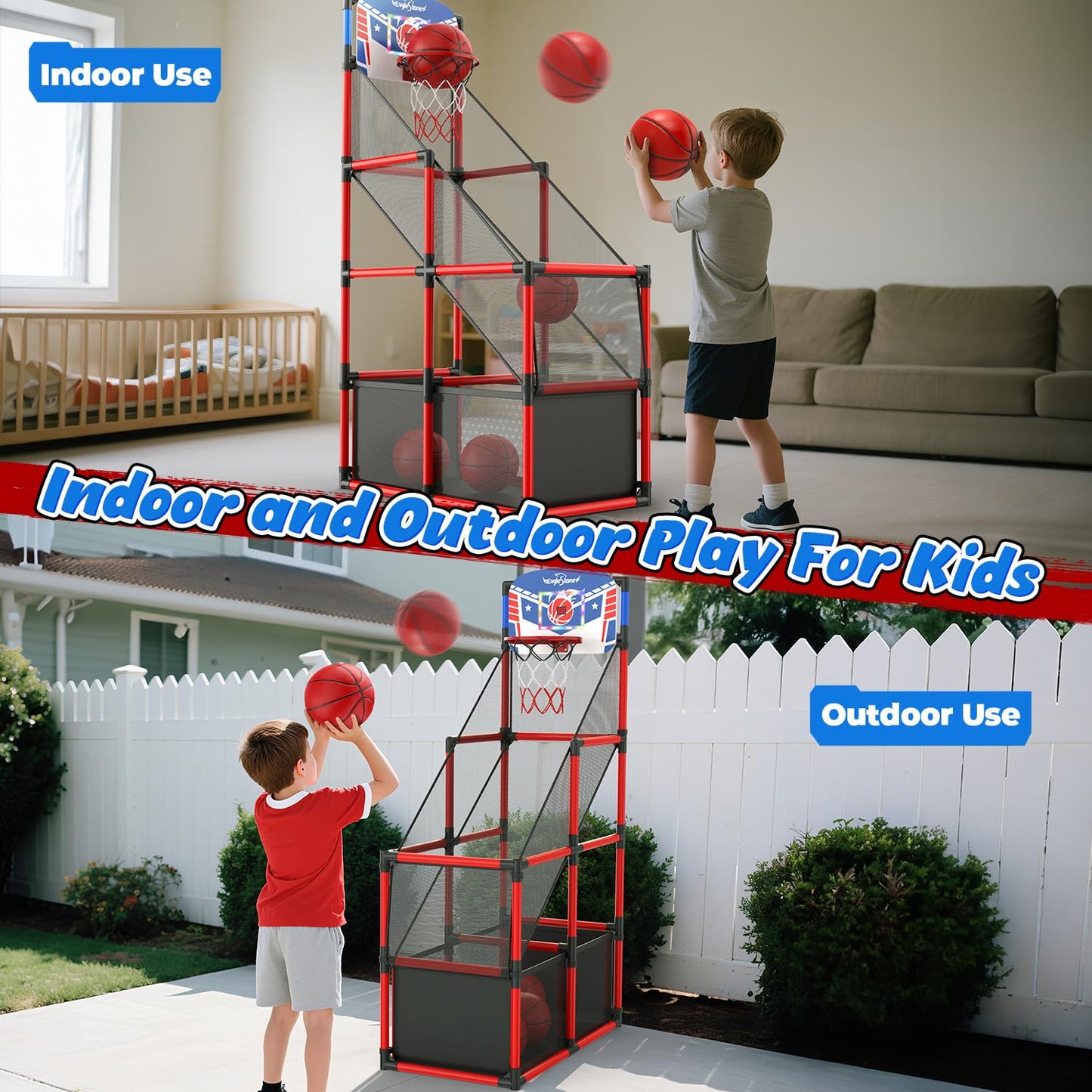 EagleStone Kids Adjustable Arcade Basketball Hoop with LED Lights & Scoreboard | Indoor & Outdoor