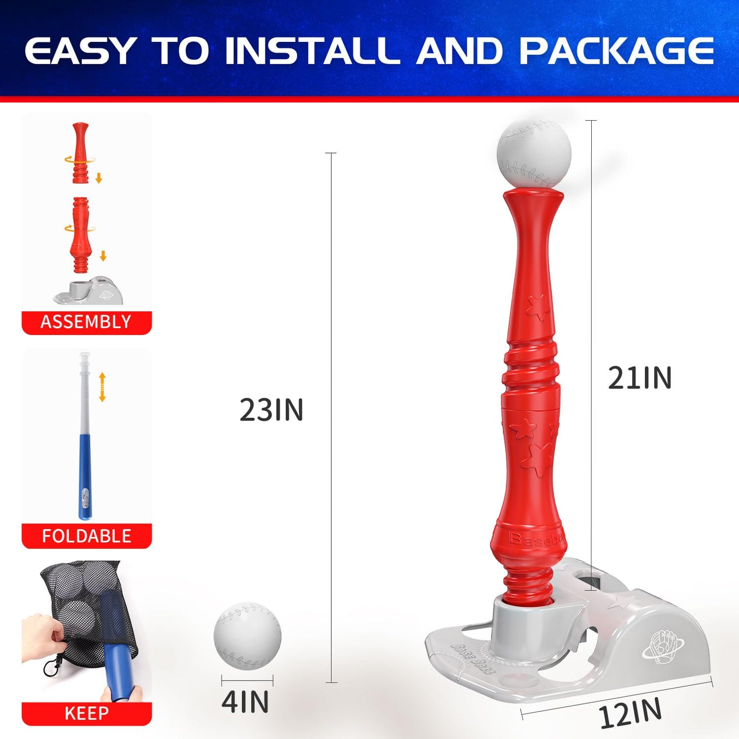 EagleStone T-Ball Set for Kids 3-12 | Adjustable Tee, 6 Soft Balls, Rotating Tee
