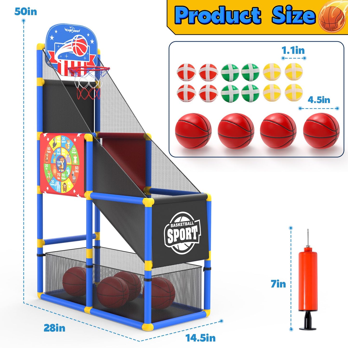 EagleStone 2-in-1 Kids Arcade Basketball Hoop & Dart Board | Adjustable Height