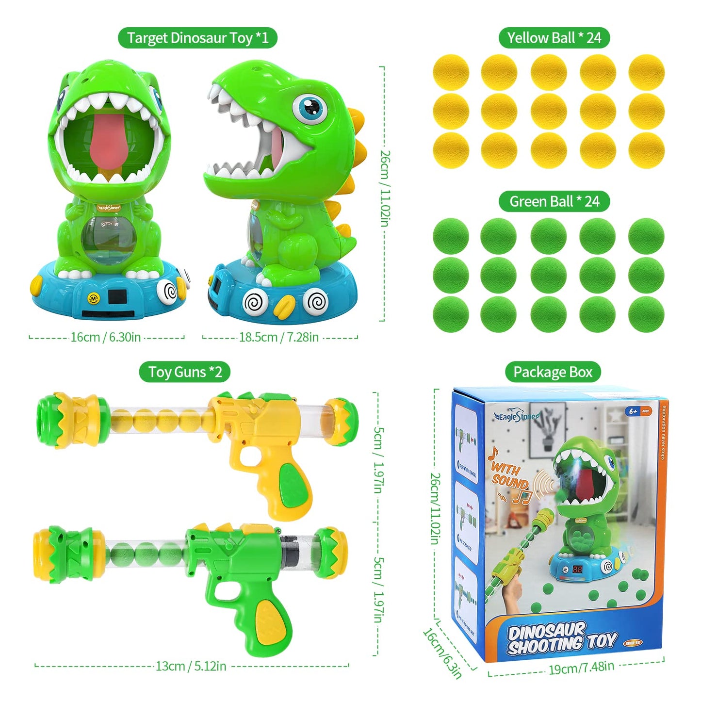 EagleStone Movable Dinosaur Shooting Toy for Kids 5-7 – 2 Guns, 48 Foam Balls, Light & Sound