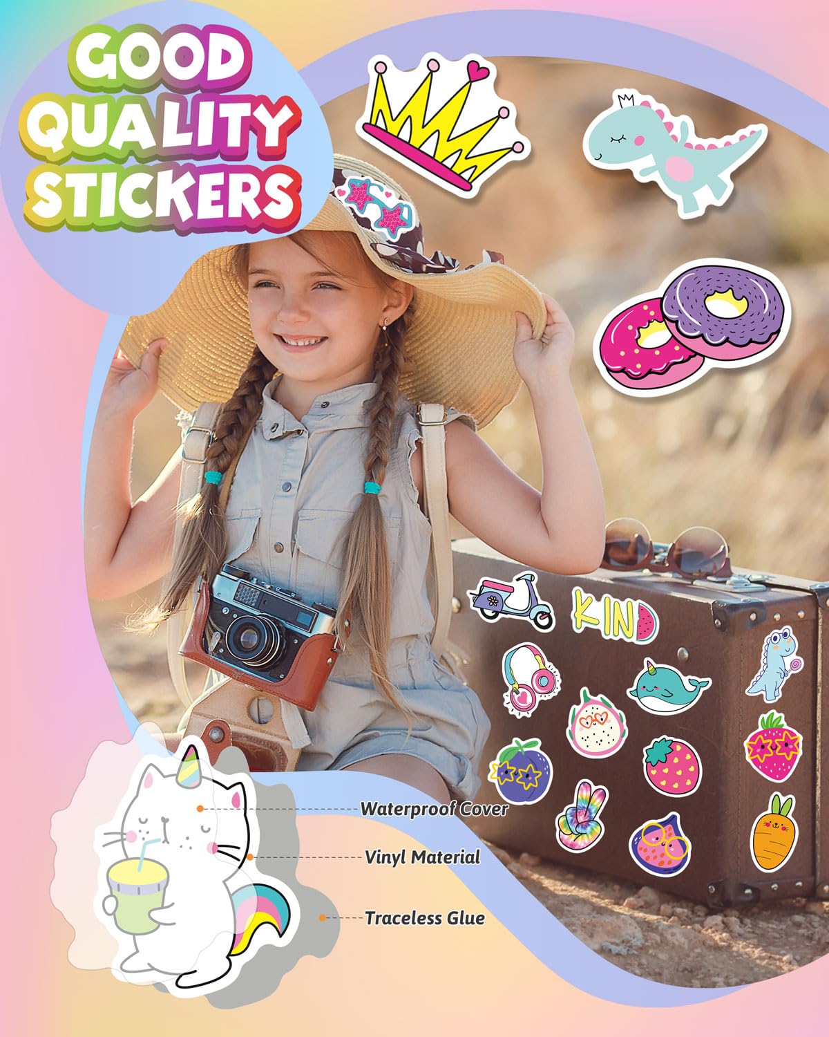 EAPHANT Water Bottle Stickers for Kids – 100 Waterproof Vinyl Stickers Pack for Girls & Boys