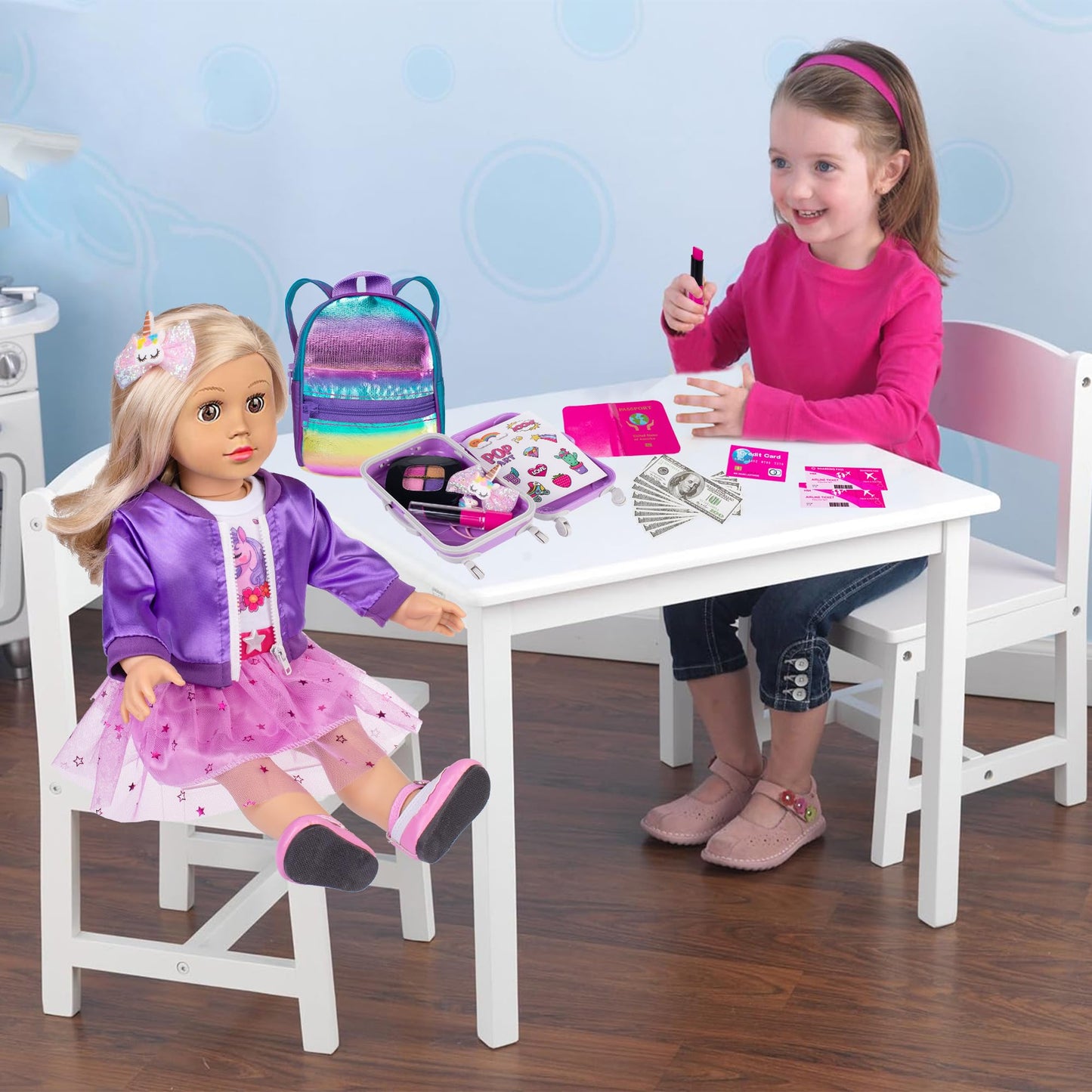 ebuddy 18 Inch Doll Clothes Travel Set with Dress, Coat, Suitcase & Accessories (No Doll Included)