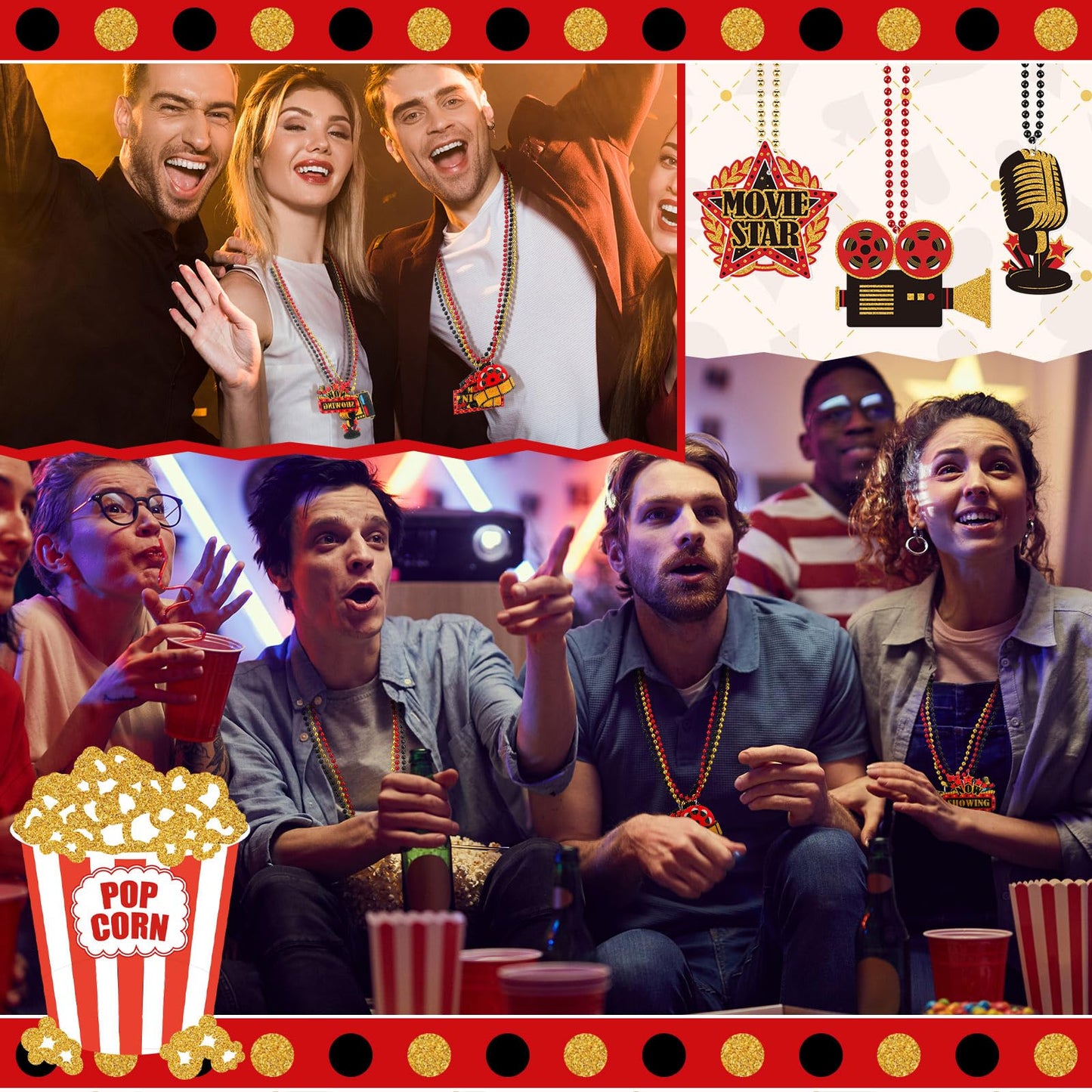 Ecally 36 Pcs Movie Night Beaded Necklaces – Red, Black & Gold Now Showing Ticket Kit