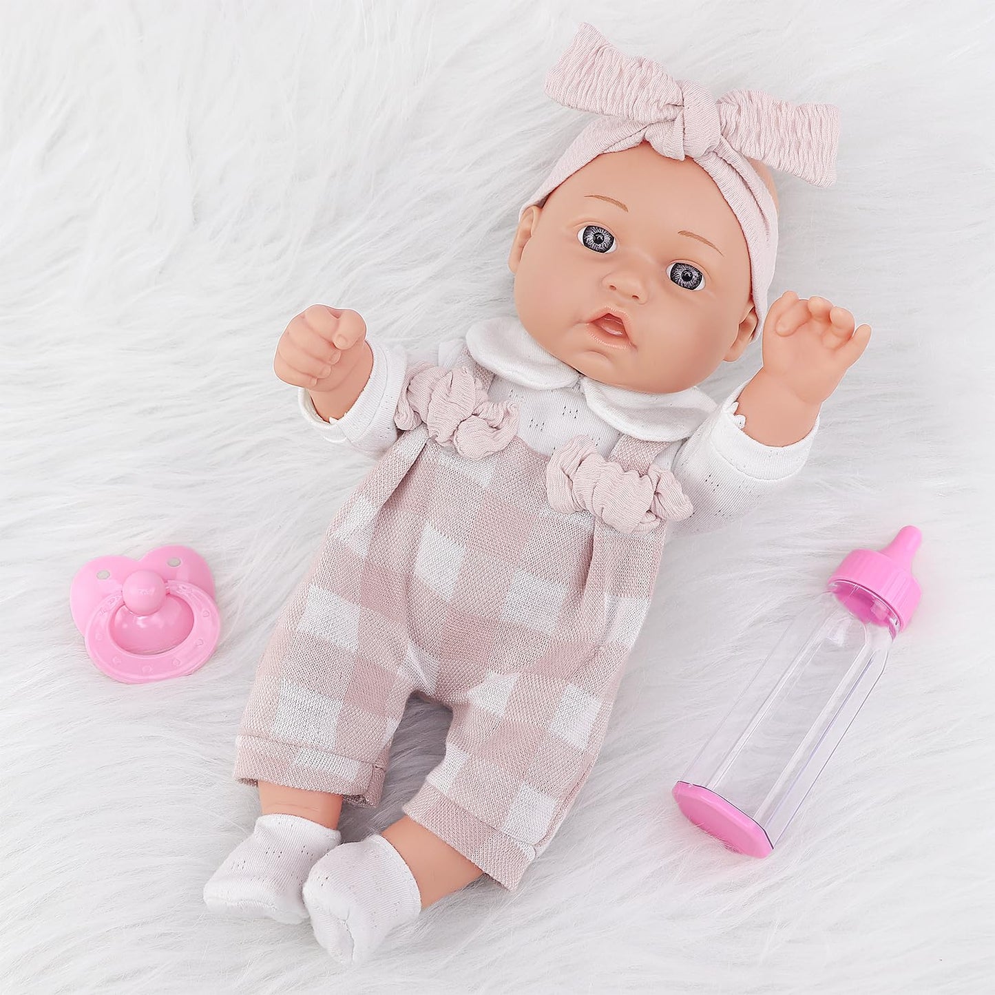 Ecore Fun 12 Inch Baby Doll Playset – 6-Piece Outfit & Accessories (Pink Romper, Headband, Socks, Pacifier, Bottle) | Gift Ready