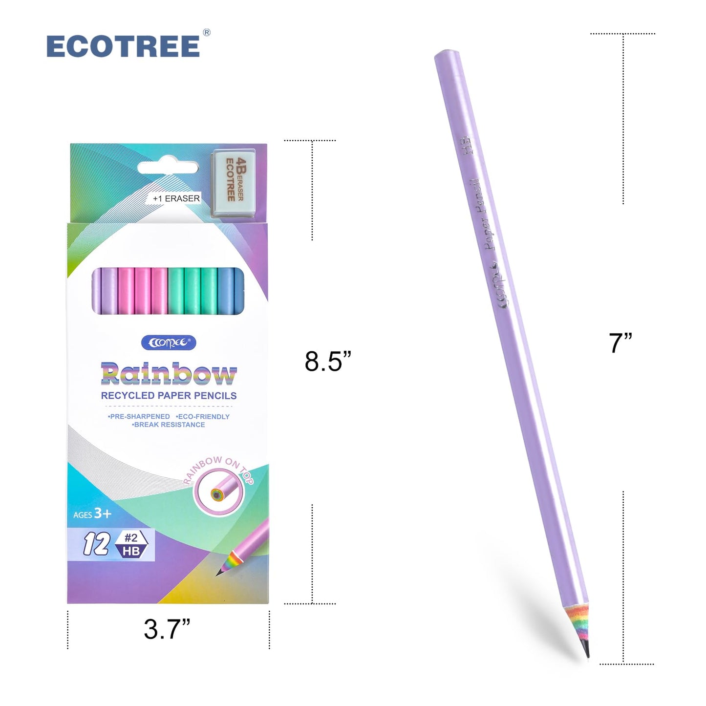 ECOTREE Pre-Sharpened Pencils #2 – Eco Rainbow Paper Pencil for Kids, 12 Count