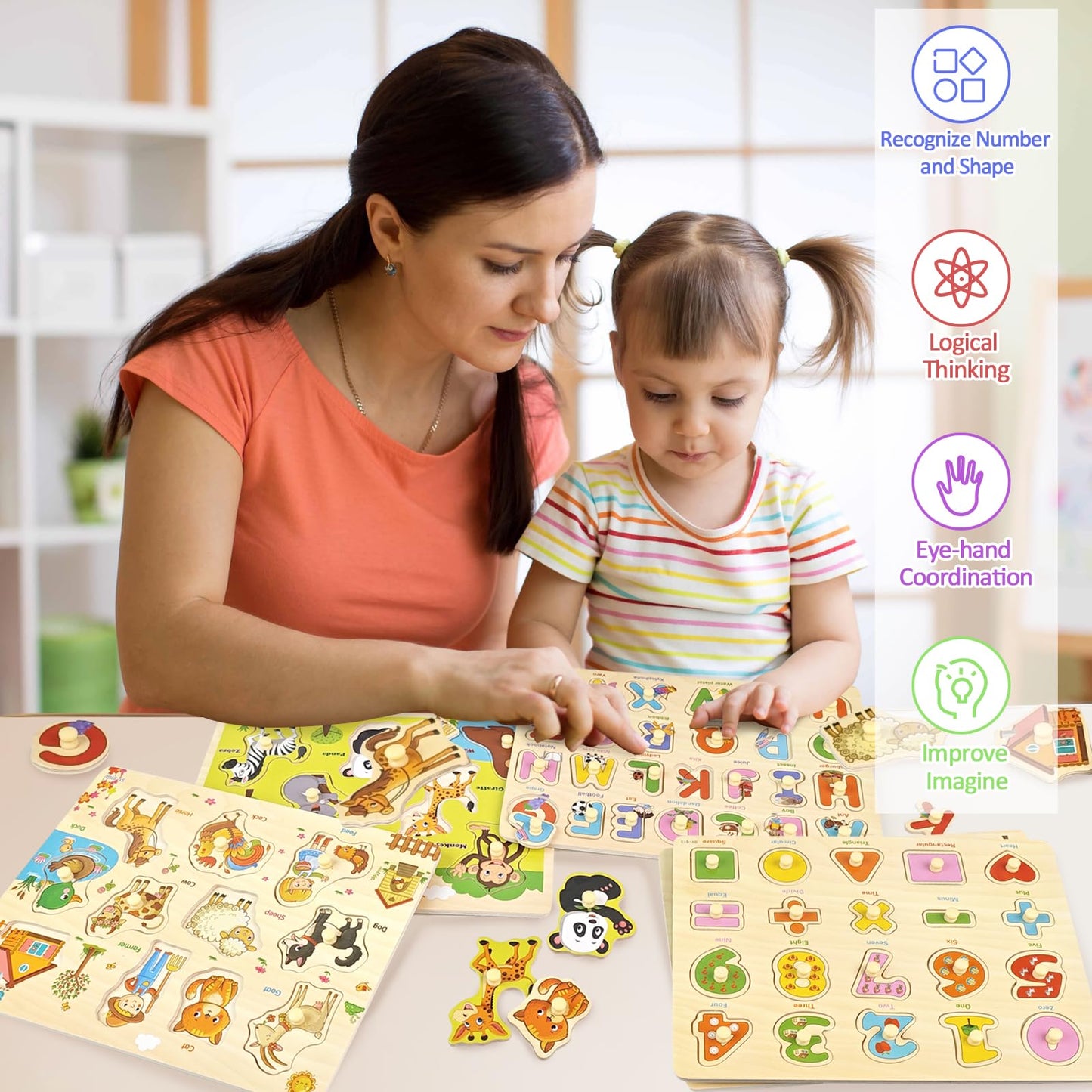 edutree Wooden Peg Puzzle for Toddlers 2-4 | 5-Pack Montessori Learning Puzzles (Alphabet, Numbers, Dinosaurs, Farm & Forest Animals)