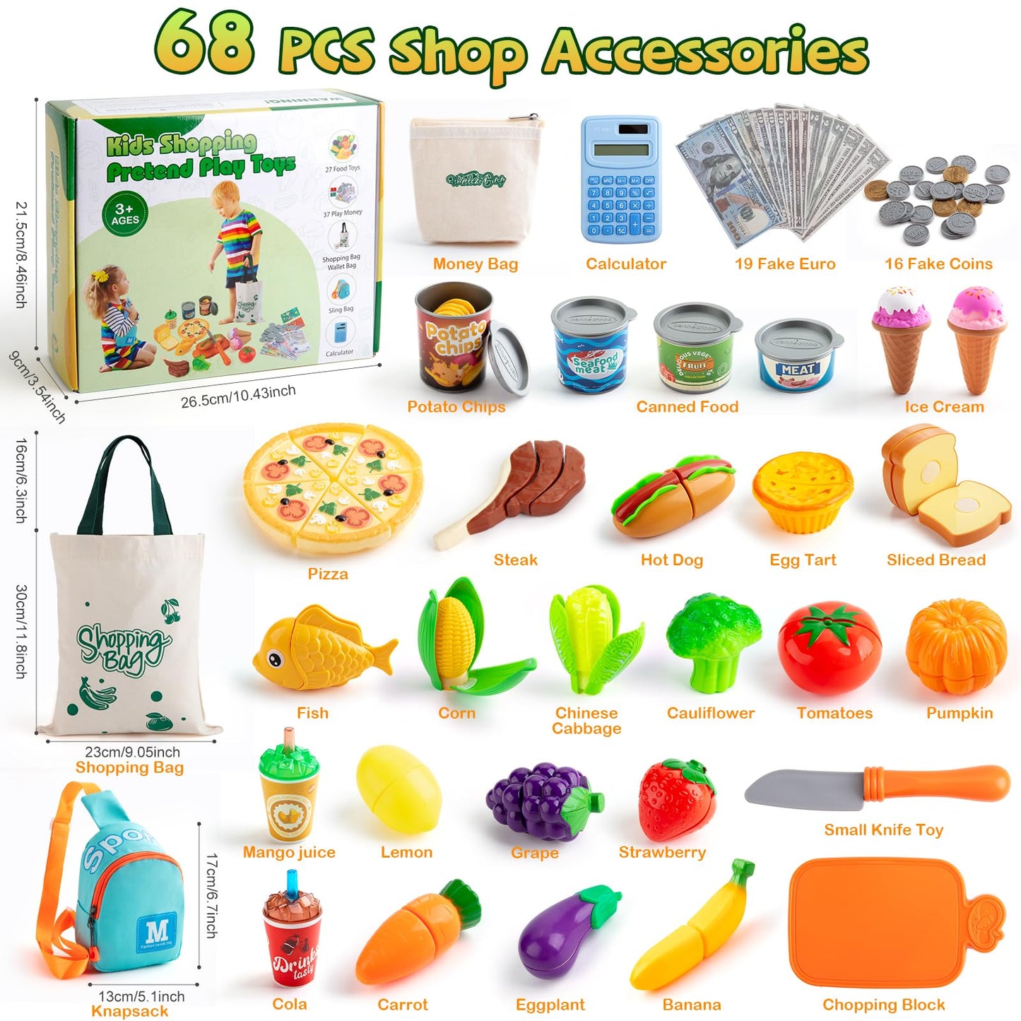 EFO SHM 68-Piece Play Food Set for Kids | Grocery Store Toy Food with Bags & Calculator