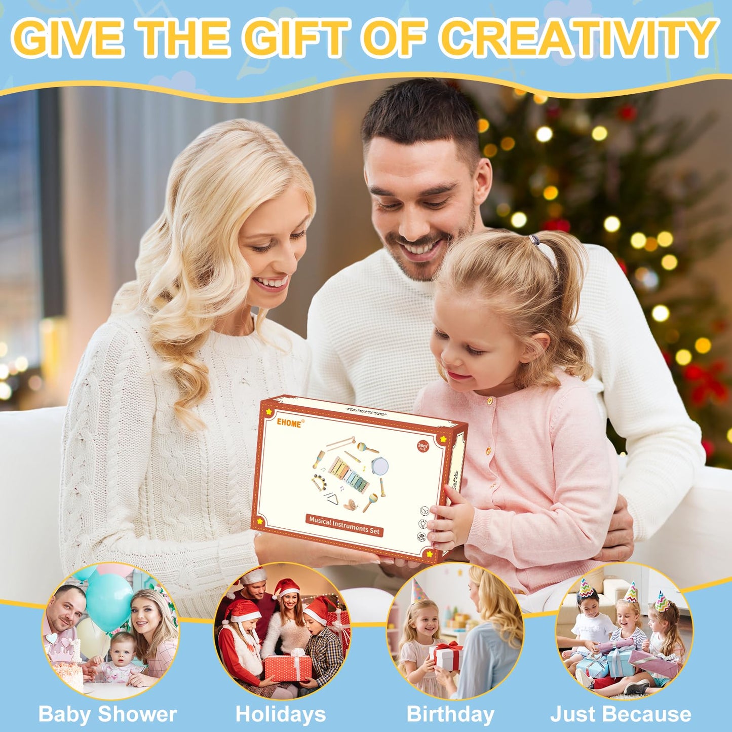 Ehome Baby Musical Instruments Set – Montessori Wooden Music Toys for Toddlers | 9-Piece Beech Wood Kit