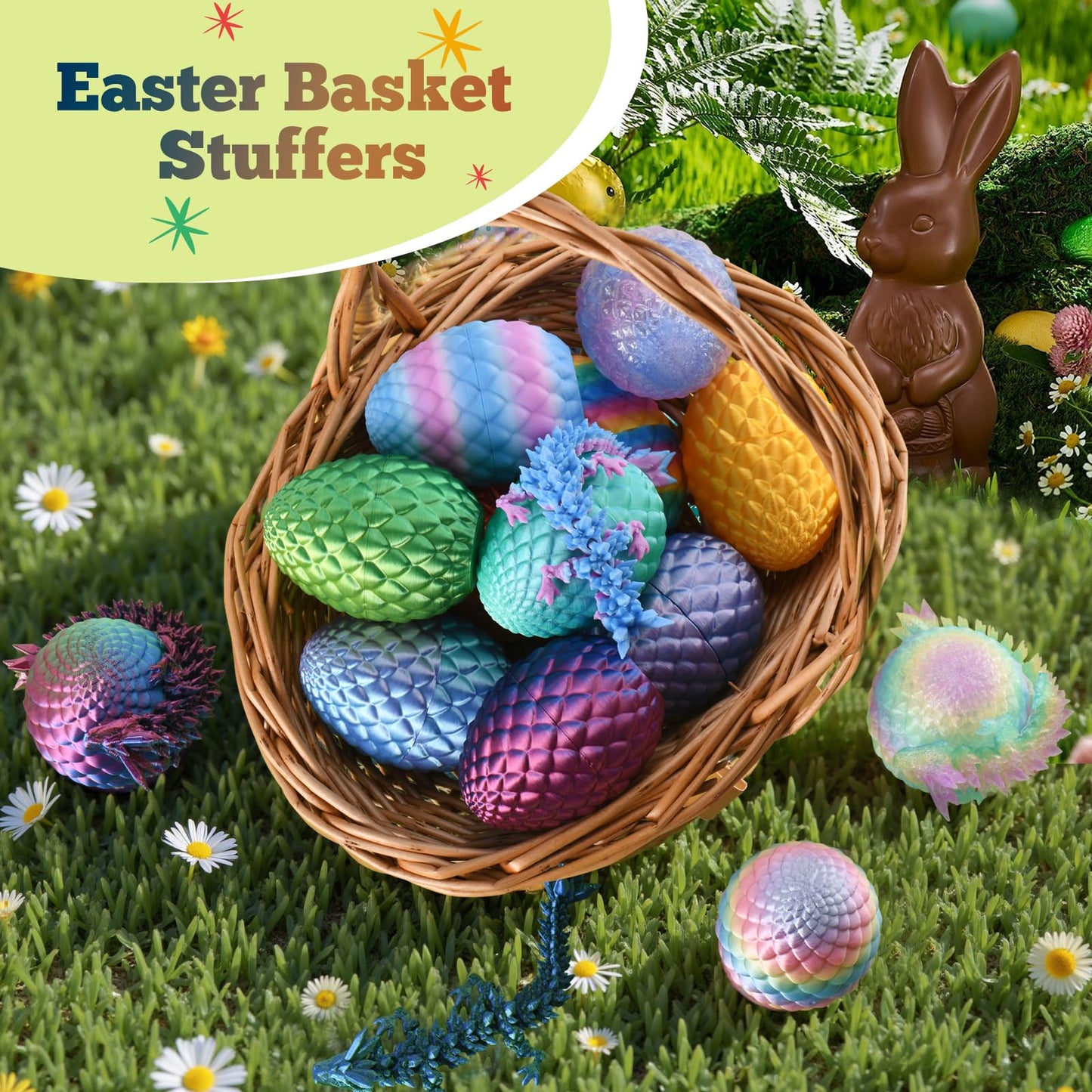 EIMONEY Easter Advent Calendar – 24× 3D Printed Dragon Eggs with Movable Dragons (Multicolor)