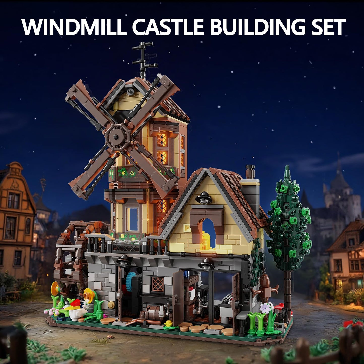 EITOLNR Wood Cabin Building Set with Light | Windmill & Waterwheel Mechanical Farm House, 1436 Pcs