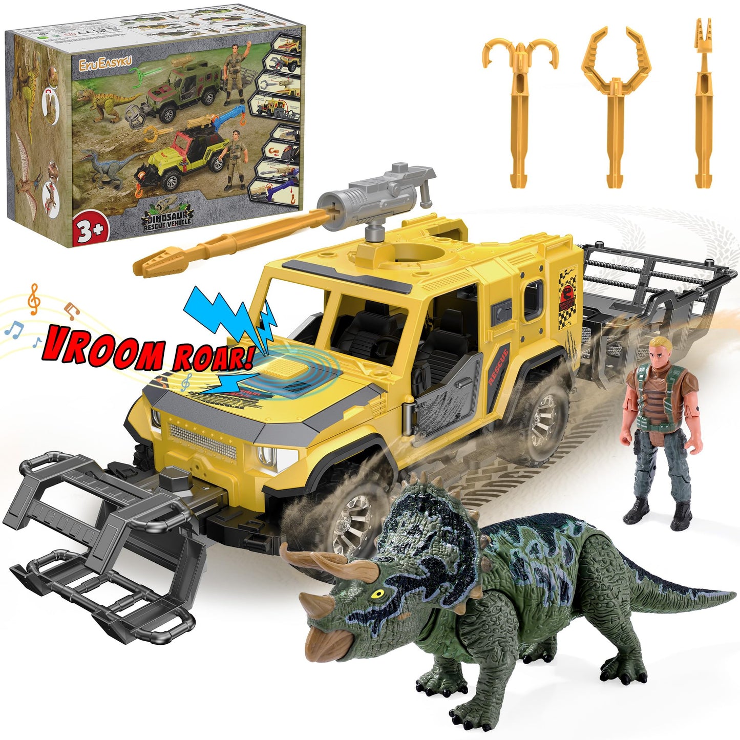 EKU EASYKU Dinosaur Rescue Vehicle Toy Set – Push & Go Truck with 10 Sound Effects