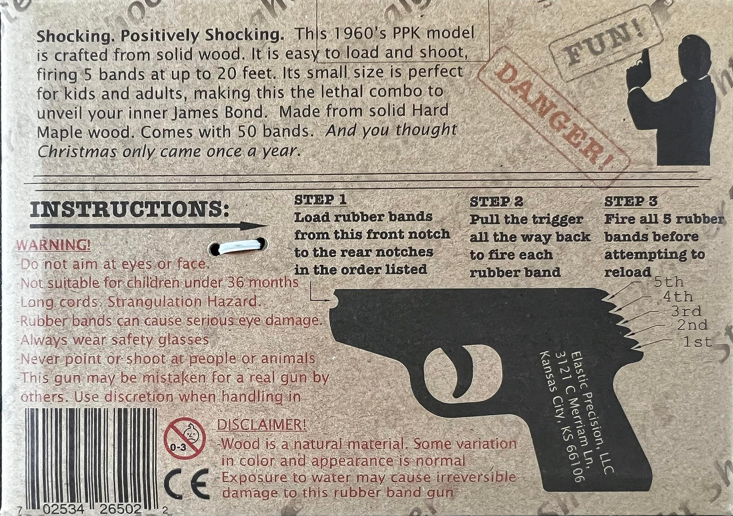 Elastic Precision PPK Rubber Band Gun – Hardwood Craft, Walnut Grips, Semi-Auto, 5-Band Firing