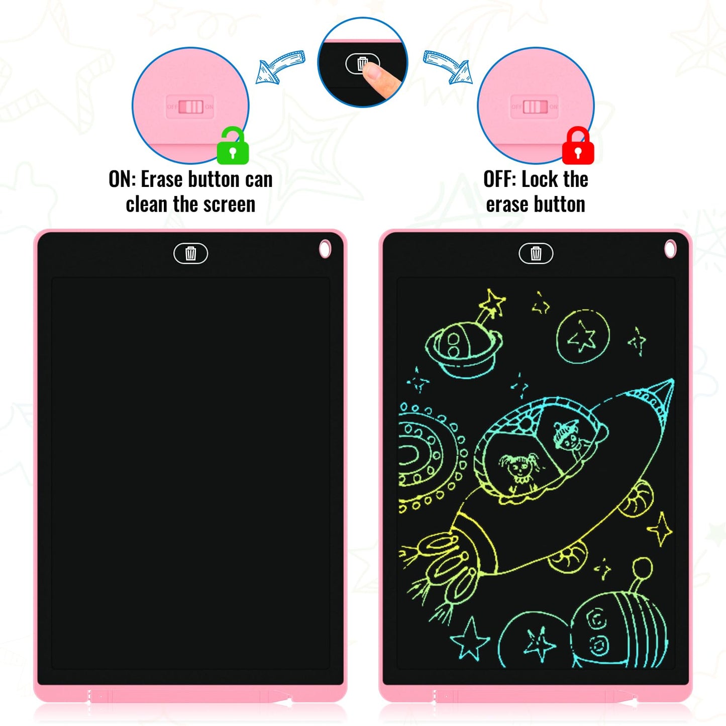 Electight 2-Pack 12-Inch LCD Writing Tablet – Colorful Doodle Board with Lock & Erase (Pink & Blue)