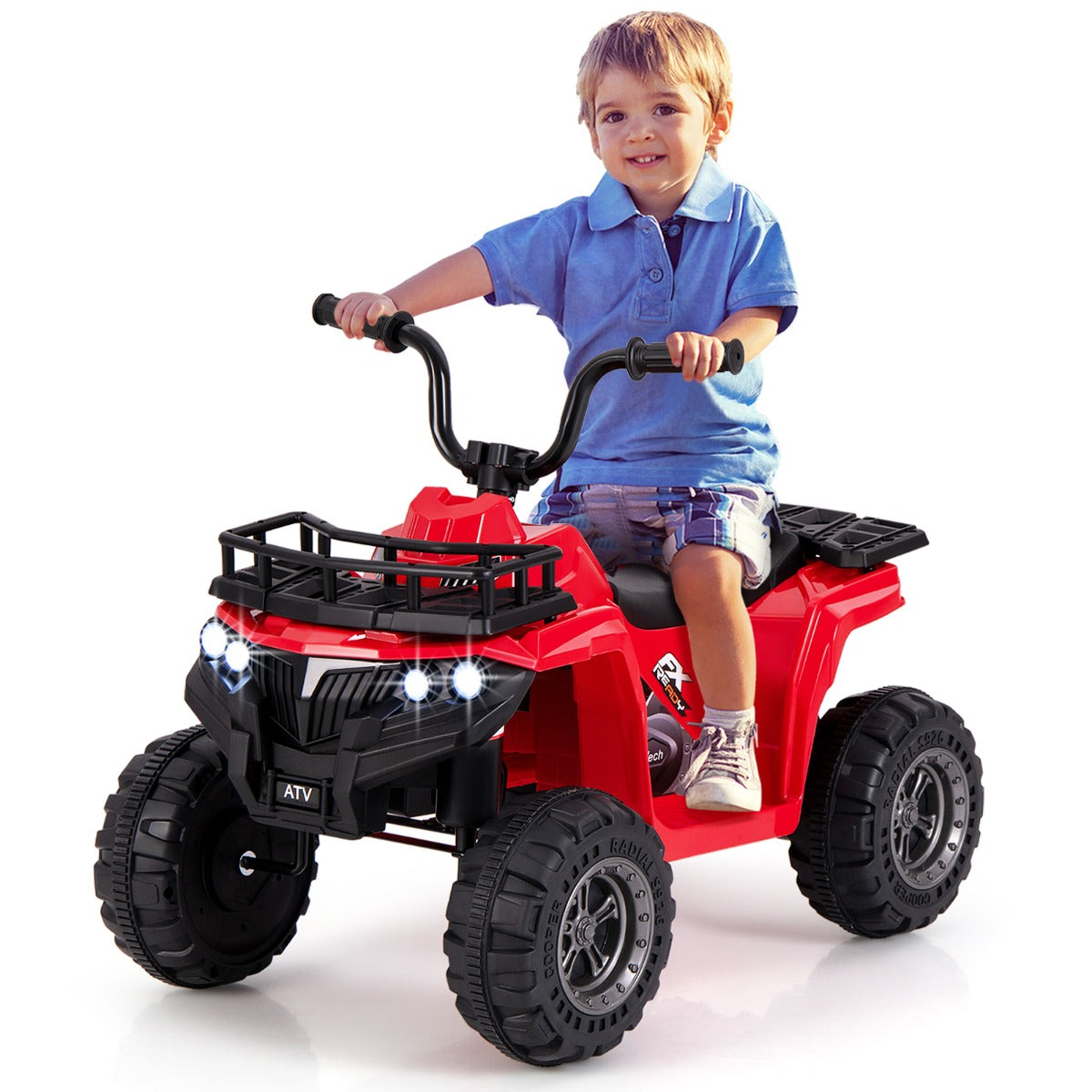 6V 4-Wheeler Quad Car with One-Button Start and Tread Tires-Black