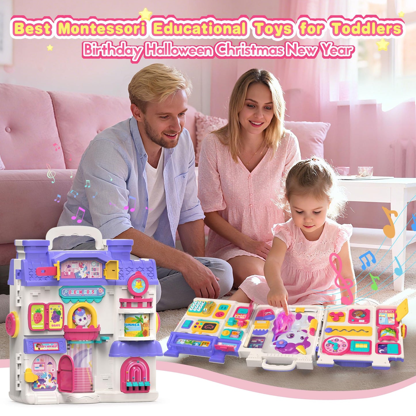 ELFJOY Montessori Busy Board for Toddlers — 56+ Activities, Bilingual English & Spanish