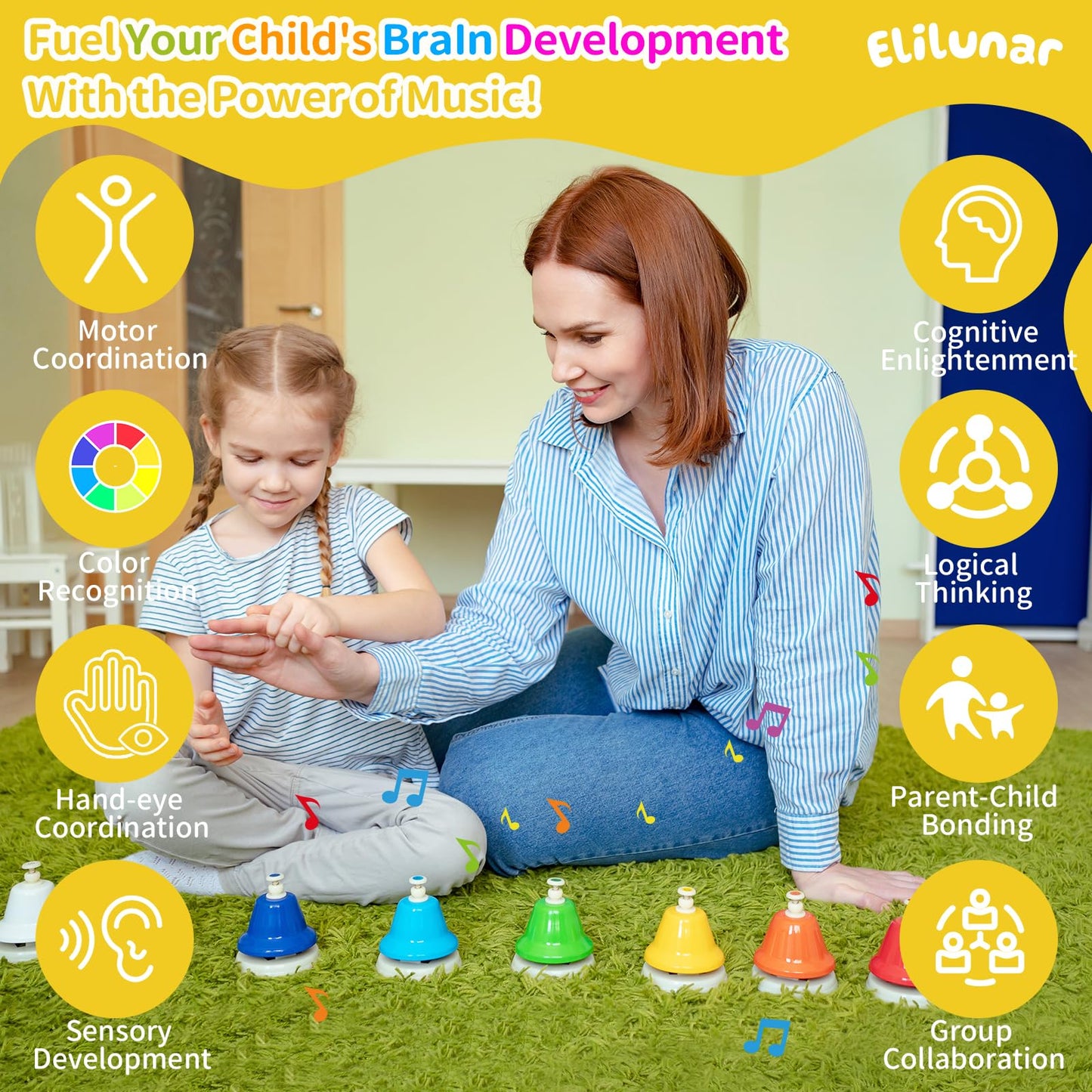 EliLunar 8-Note Desk Bell Set – Color-Coded C Major Scale for Early Music Learning
