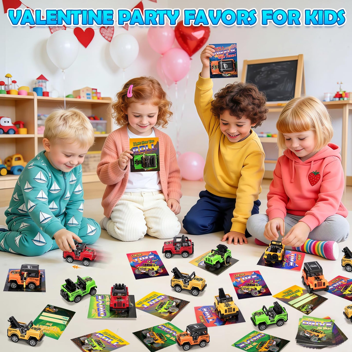 Ellinjan 24-Pack Valentines Cards with Pull-Back Cars – Classroom Gifts for Kids
