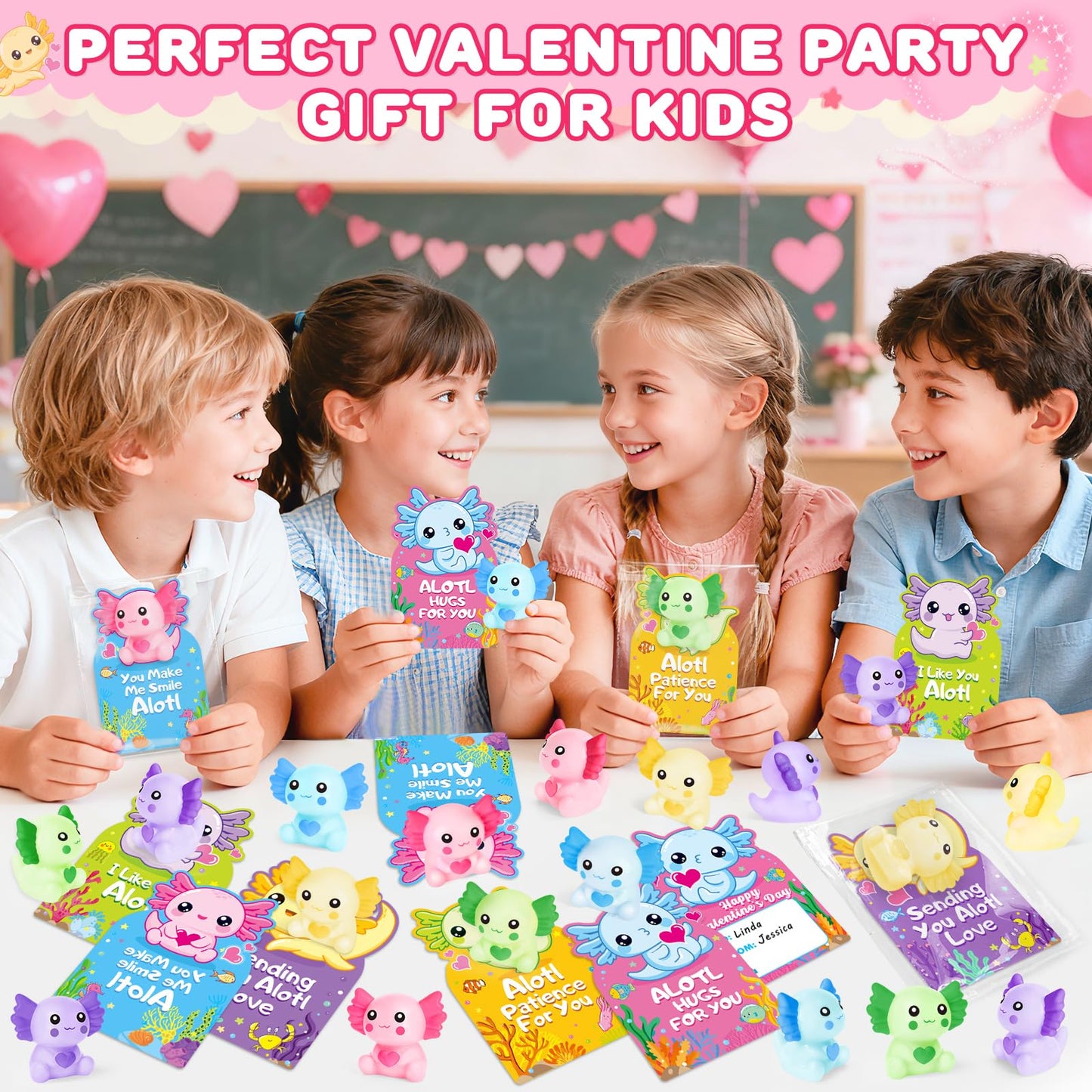 Ellinjan Valentines Day Classroom Set – 30 Cards & Axolotl Squeeze Toys