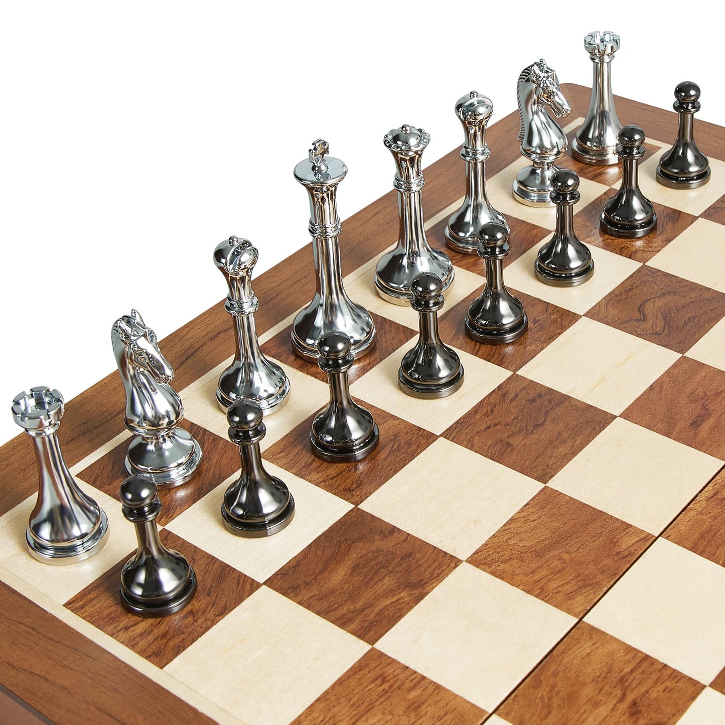 ELONGDI 12-Inch Metal Chess Set with 2.5-Inch Pieces – Portable Wooden Folding Board, Extra Queens