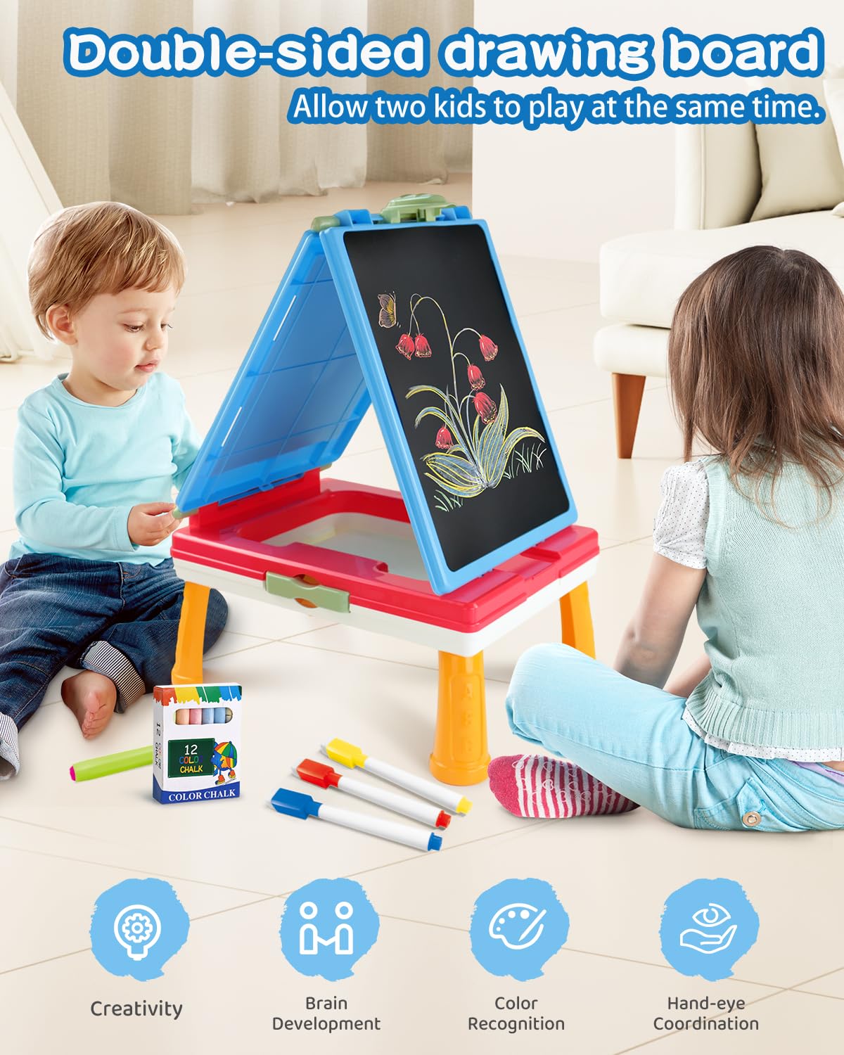 Elovien Easel for Kids – 4-in-1 Double-Sided Tabletop Easel (Blue)